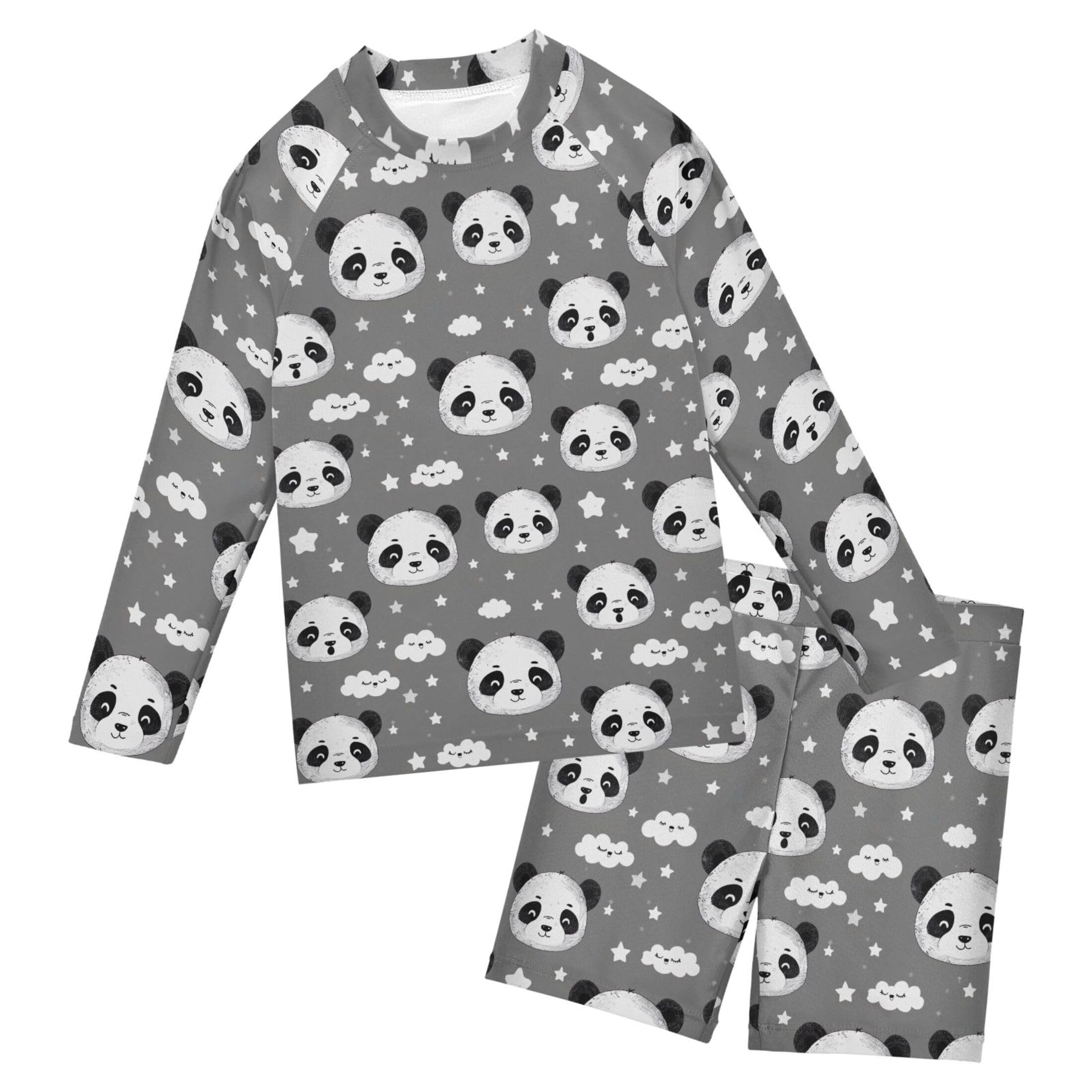 Panda Cute Animal Boys Rash Guard Swimsuits Set for Boys Long Sleeve Swim Shirts Bathing Suits with Trunks B0403379