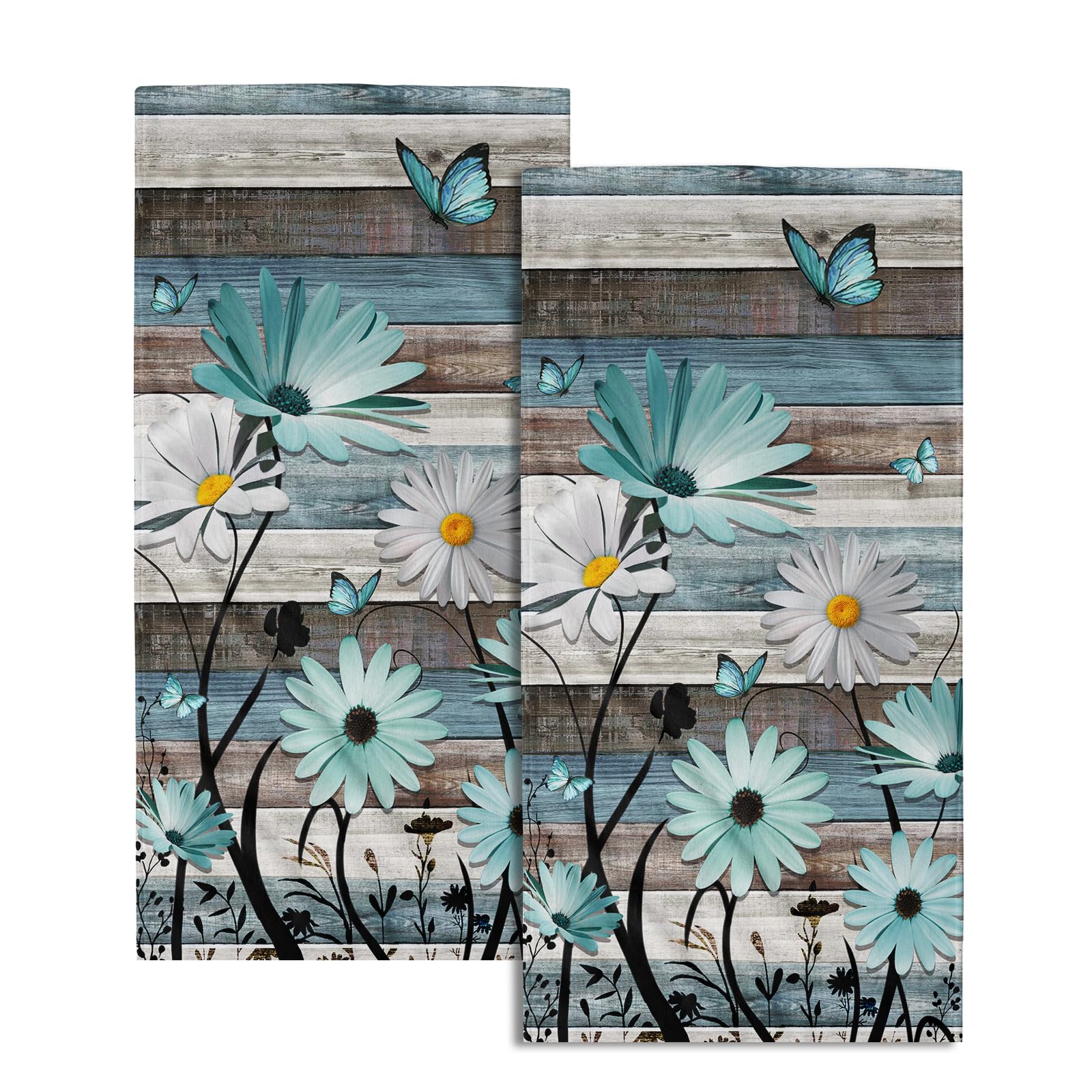 Giwawa Daisy Floral Hand Towels Rustic Wood Face Tea Towels Set of 2 Absorbent Soft Microfiber Dish Wash Cloth for Kitchen Bathroom Gym Decoration