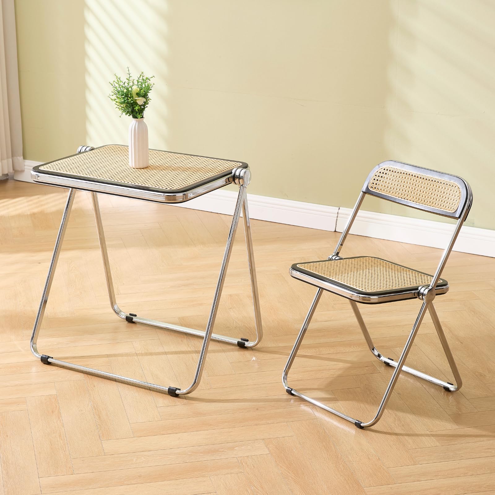 chairus Ensemble Table et Chaises Pliantes en Rotin de Salon, Table Basse et Chaise pour Salle à Manger avec Pieds en Métal, Beige