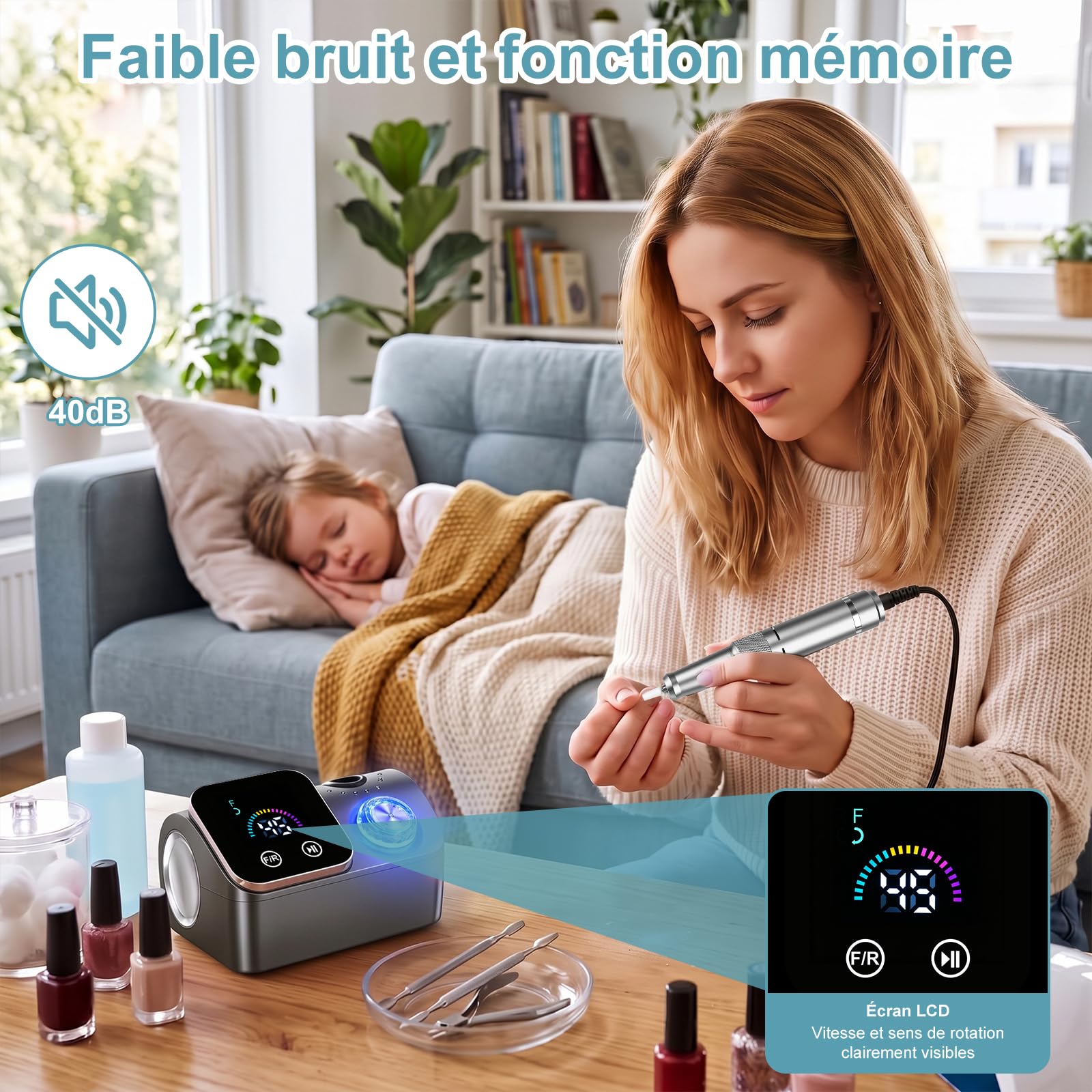 Ponceuse pour Ongles Professionnelle 45000 RPM,12 en 1 Lime a Ongle Electrique Portable,Ponceuse Ongles avec Écran LCD & Support,Lime à Ongle Electrique Silencieux,Conçu pour Les Salon,(Gris)