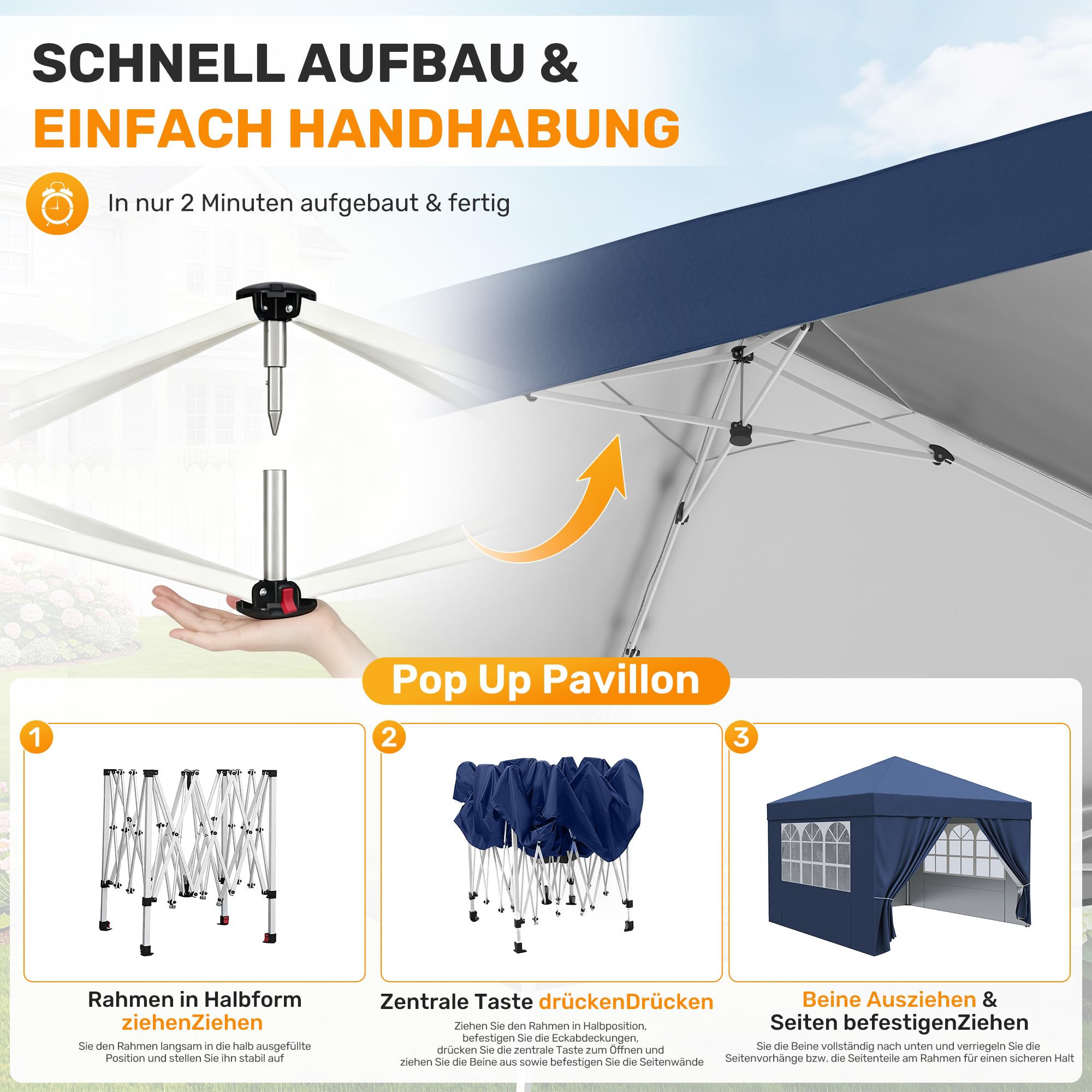 Hawthyhome Pavillon 3x3 Wasserdicht Stabil Winterfest, Faltpavillon 3x3 mit 4 Seitenteilen, Pop Up Pavillon UV Schutz 50+, Höhenverstellbar Partyzelt Gartenpavillon Für Outdoor, Blau Mit Seitenwänden