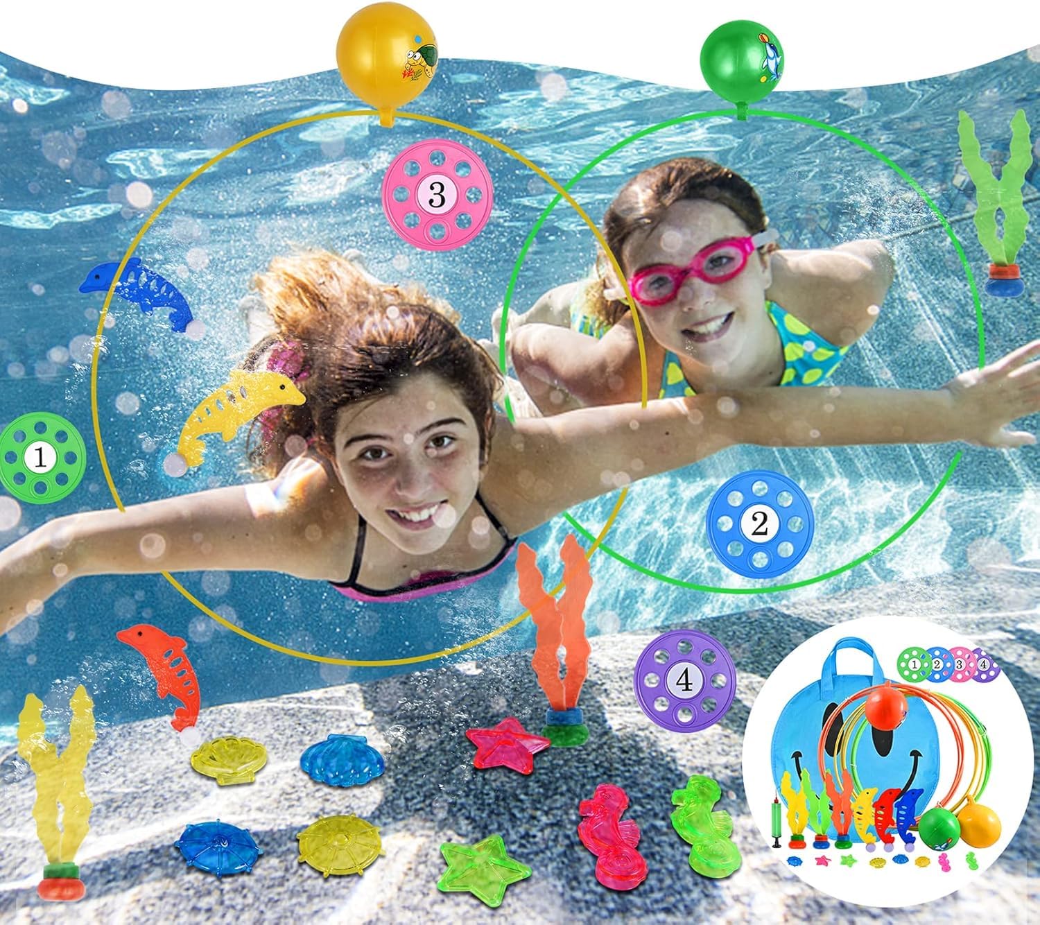 faburo 23pcs Jouets de Plongée, Jeux de Piscine pour Enfant, Jouets de Plongée pour Piscine d'été pour Enfant inclure Anneaux de Plongée, Soucoupe de Plongée, Diamant de Plongée, Dauphin, Algues etc
