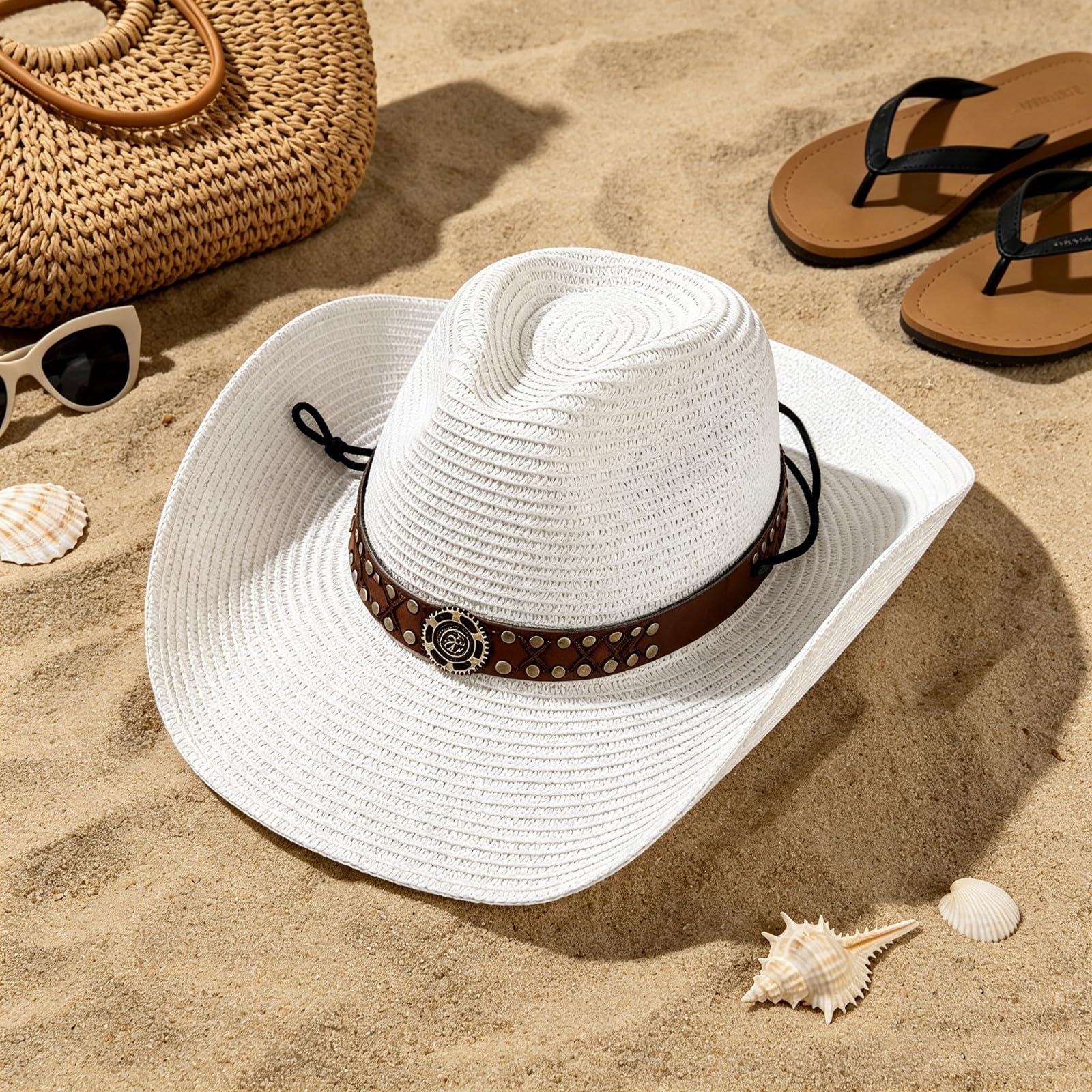 HEYANN Chapeau de cowboy en paille pour homme et femme - Chapeau de soleil pliable - Coupe-vent - Avec mentonnière - Respirant - Protection UV - Pour plage, jardin et extérieur