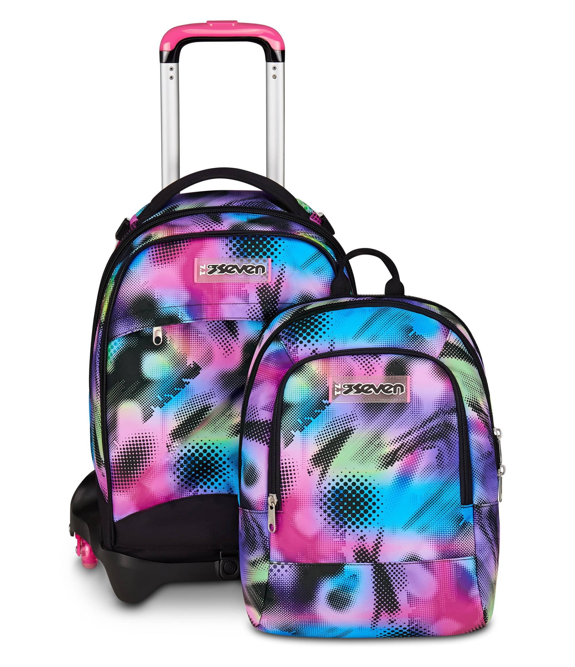 Seven Trolley Scuola Jack 3 Ruote Detach Write Down, Fucsia Azzurro, Zaino Con Carrello Sganciabile Da 37 Litri, Tasca Borraccia, Zainetto Staccabile, Multiuso e Spazioso, Per Scuola Elementare e
