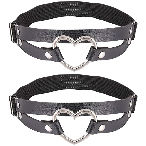 FM FM42 Multicolor PU Simulated Leather Women's Gothic Double Straps Heart O Ring Leg Thigh Elastic Garter Belt, One Pair - Black, One Pair
