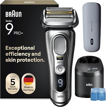 Braun Series 9 PRO+ Electric Shaver for Men, Wet & Dry Razor, Silver | 5+1 Ultra Thin Precision Blades, Pro SensoAdapt Technology, Rechargeable Battery, PowerCase, 6in1 SmartCare Center, 9677CCE