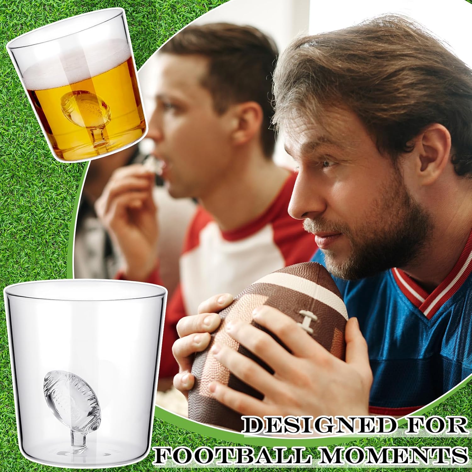 Willinglong 4 Pcs 10 oz Football Whiskey Glasses, 3D Clear Glass Cups