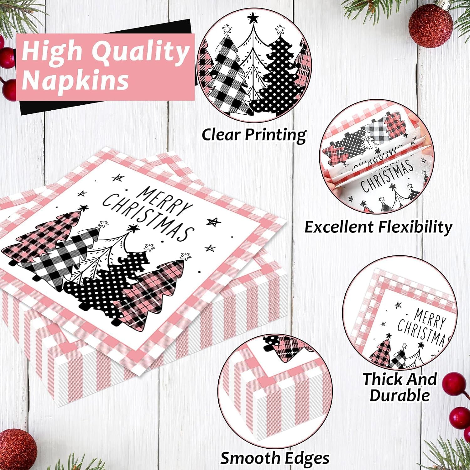 96PCS Merry Christmas Tree Party Plates and Napkins, Pink Plaid Party Decorations for Xmas Winter Holiday Party Dessert Plates, Pink Buffalo Plaid Tableware Decor, Serves