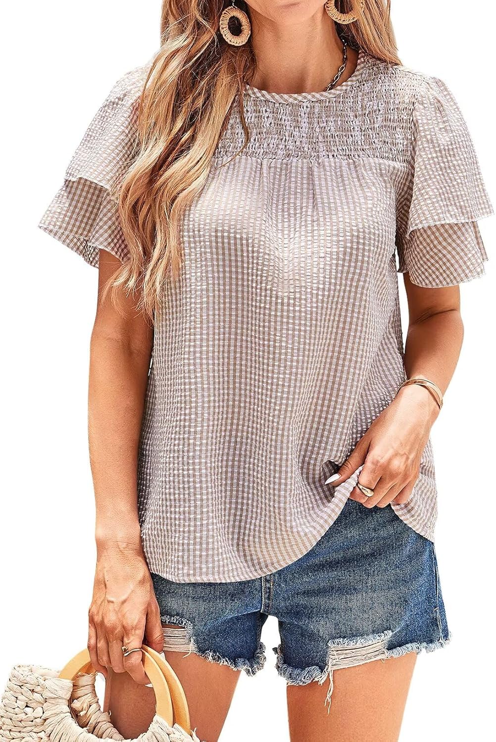 Womens Tops Dressy Casual Cute Babydoll Ruffle Sleeve Blouses Summer Gingham Flowy Peplum Peasant Shirts