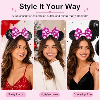 Mouse Ears Headbands, Sparkly Sequin Bow Headbands Glitter Elastic Adjustable Headband Cosplay Costume for Women Birthday Halloween Party Decoration Gifts Accessories F4-SEFG