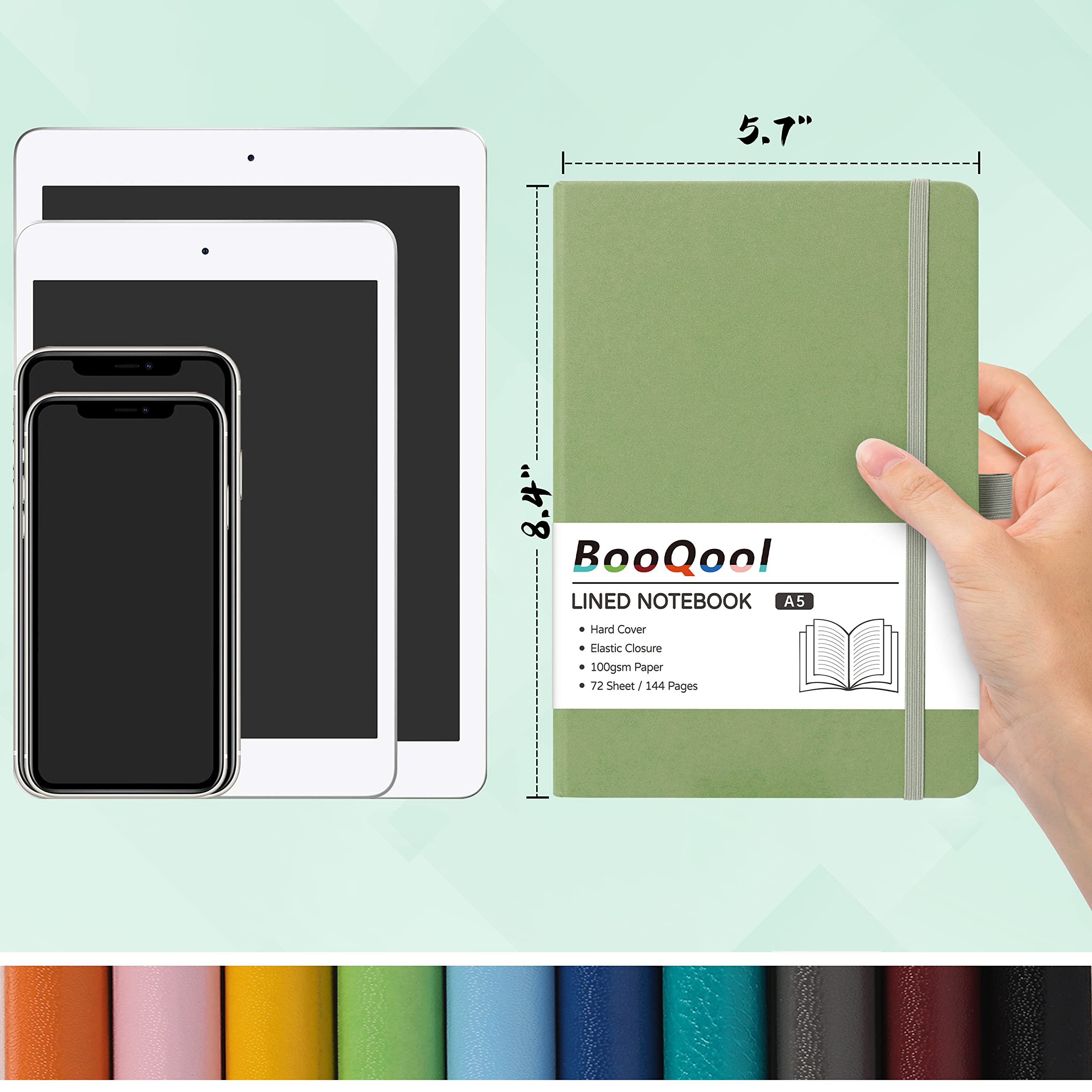 A5 Notebook - Notebook A5 with Premium Paper, Faux Leather Notebook, 5.7" X 8.4", Hardcover, 144 Pages - Rey Bean Green - Image 4