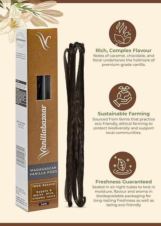 Gourmet Madagascan Vanilla Pods 15-17cm | 5 Grade A Bourbon Vanilla Beans | Gourmet Sticks for Baking & Extraction | Resealable Tube | Vanillabazaar