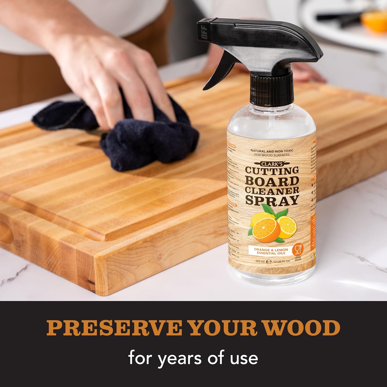 CLARK'S Natural Cutting Board Spray Cleaner, with Microfiber Cloth, for Wood Countertop – Pure Ingredients Filtered Water, Distilled Vinegar, Castile Soap, Lemon & Orange Citrus Oil Extracts, 12oz