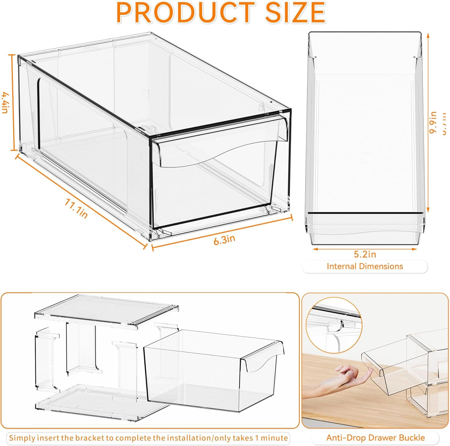 Yieach 4 Pack Clear Stackable Storage Drawers,4.5" Tall Acrylic Makeup Organizer Drawers and Medicine Cabinet Organizers,Pull Out Plastic Bathroom Closet Organizer for Hair Clip,Baby Bottle,Pacifier