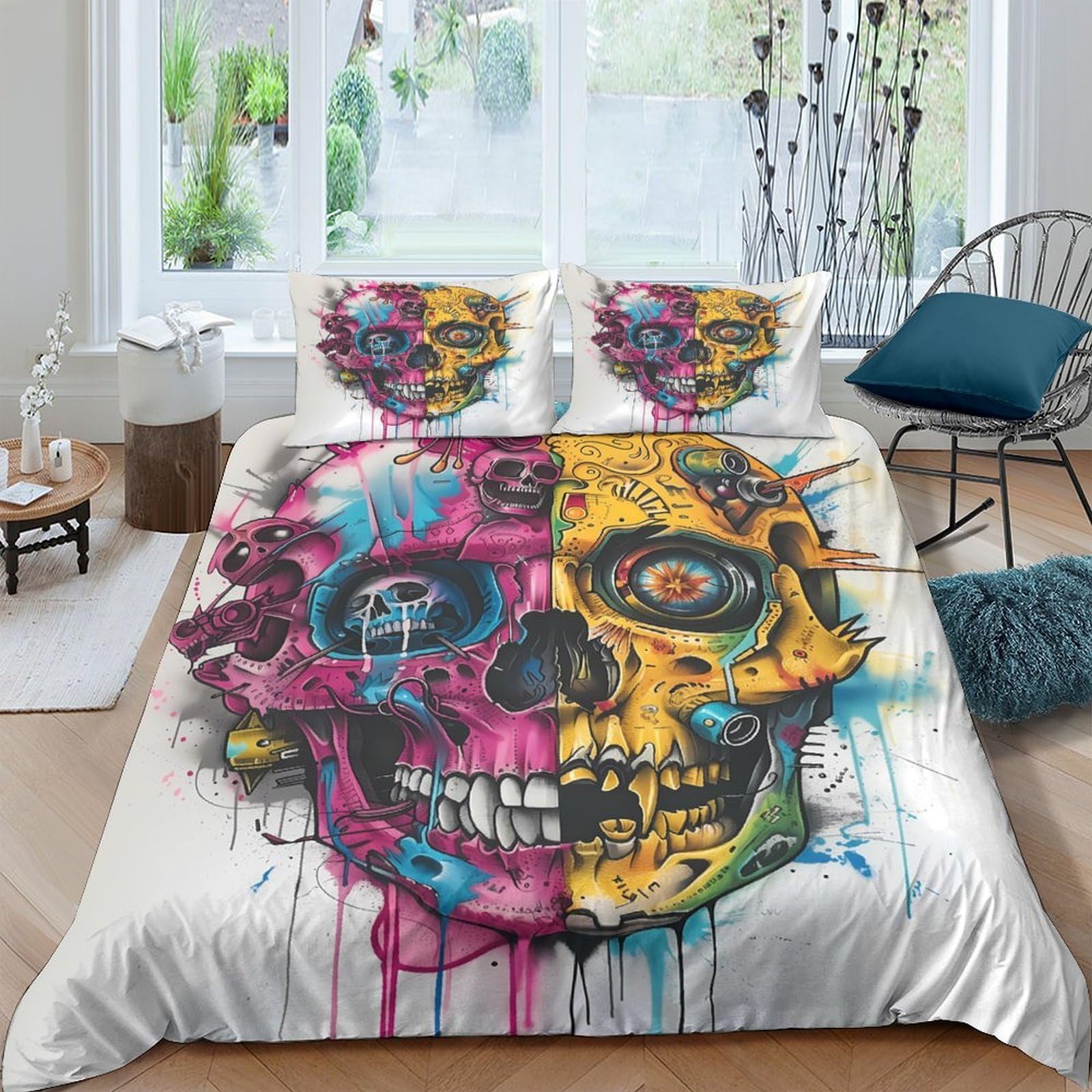 Ctjqhvkz Style-10 3D Printed Graffiti Skull Fitted Sheet Microfiber Colourful Bedroom Decor Artistic Mattress Cover For Home Dorm Single（135X200cm）