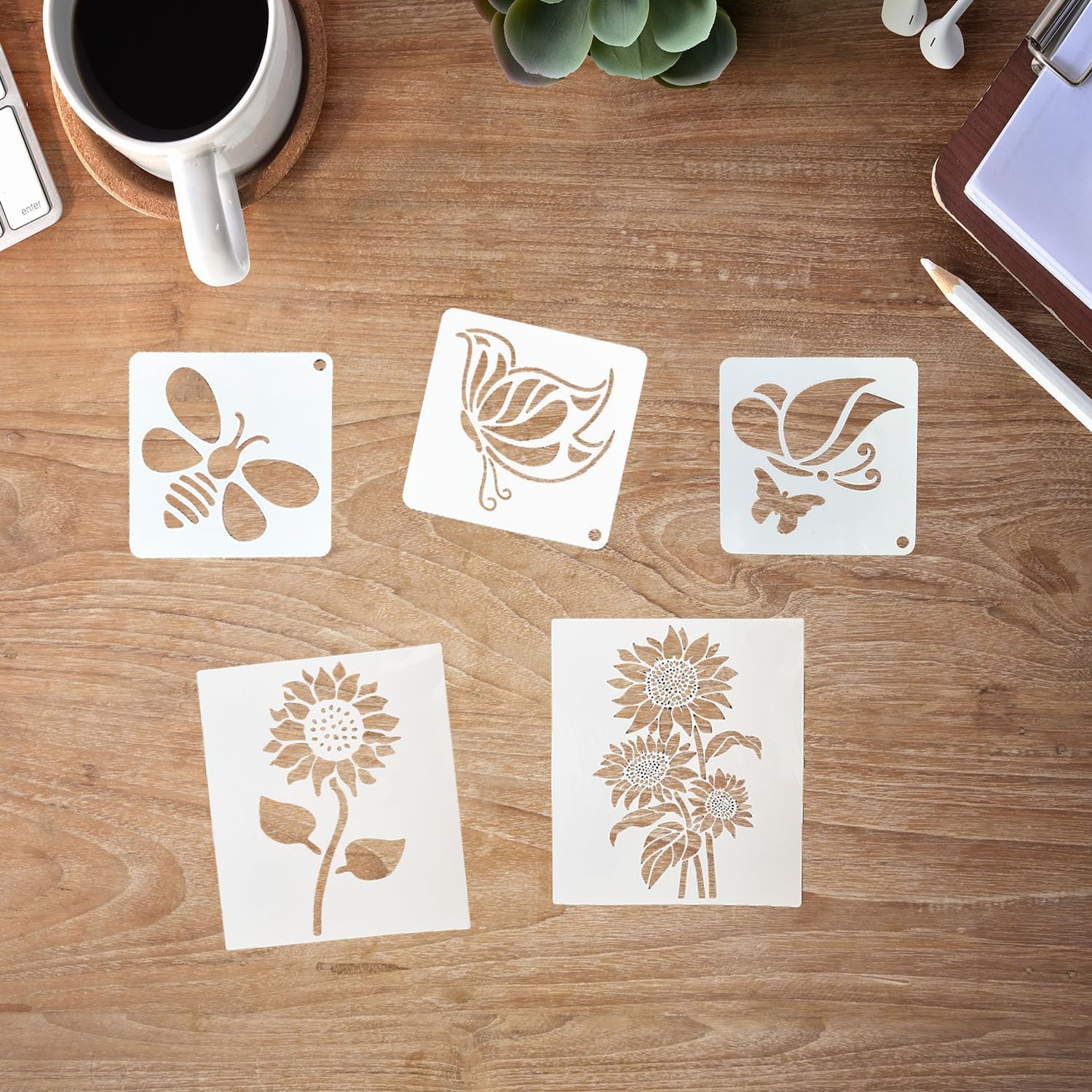 Reusable Sunflower & Nature Stencils Set for Painting on Wood, Walls, Fabrics, Glass - Art Craft Stencils with Bee, Butterfly, Floral Designs