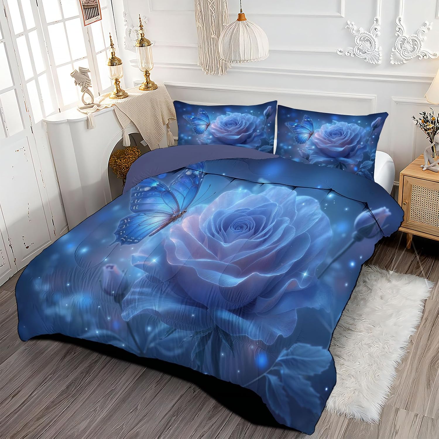 Fantasy Flowers Quilt Set King 3 Pieces, Blue Quilts Bedding Set Dreamy Roses Bedspread Bed Cover Lightweight Spring Summer Beds Coverlet for All Season - 104"X90"