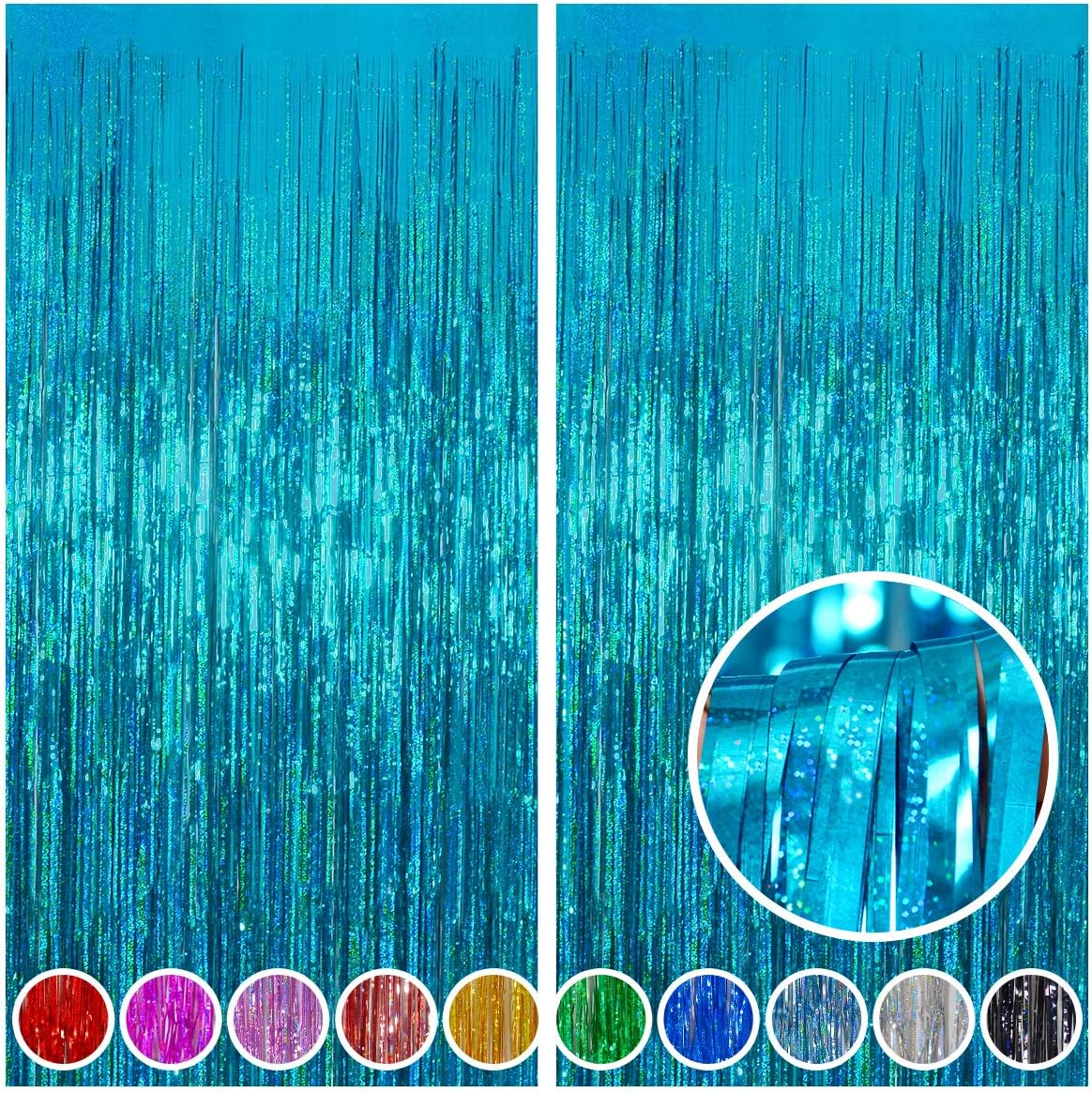 Melsan 2 Pack 3.2 ft x 8.2 ft Teal Tinsel Foil Fringe Curtains Backdrop, Sparkle Metallic Foil Curtains for Birthday Party Decoration