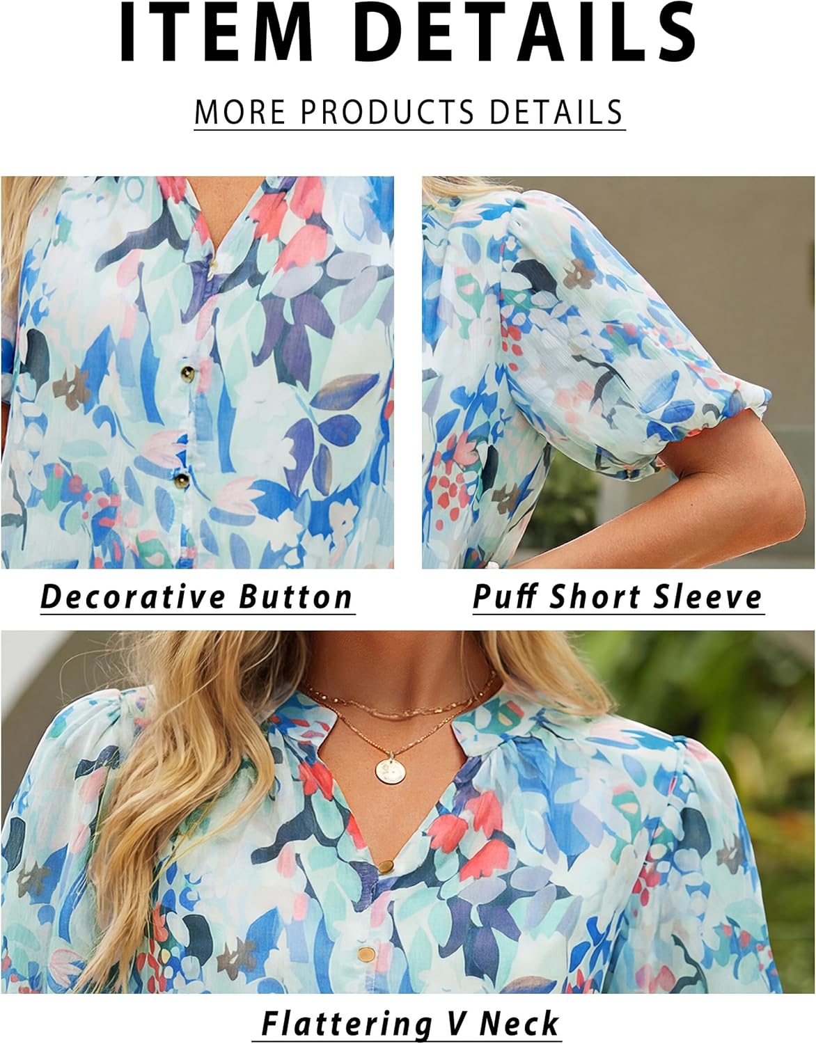 Simplee Womens Summer Floral Blouses Chiffon Boho Dressy Casual Work V Neck Puff Short Sleeve Loose Fashion Tops Shirt - Image 4