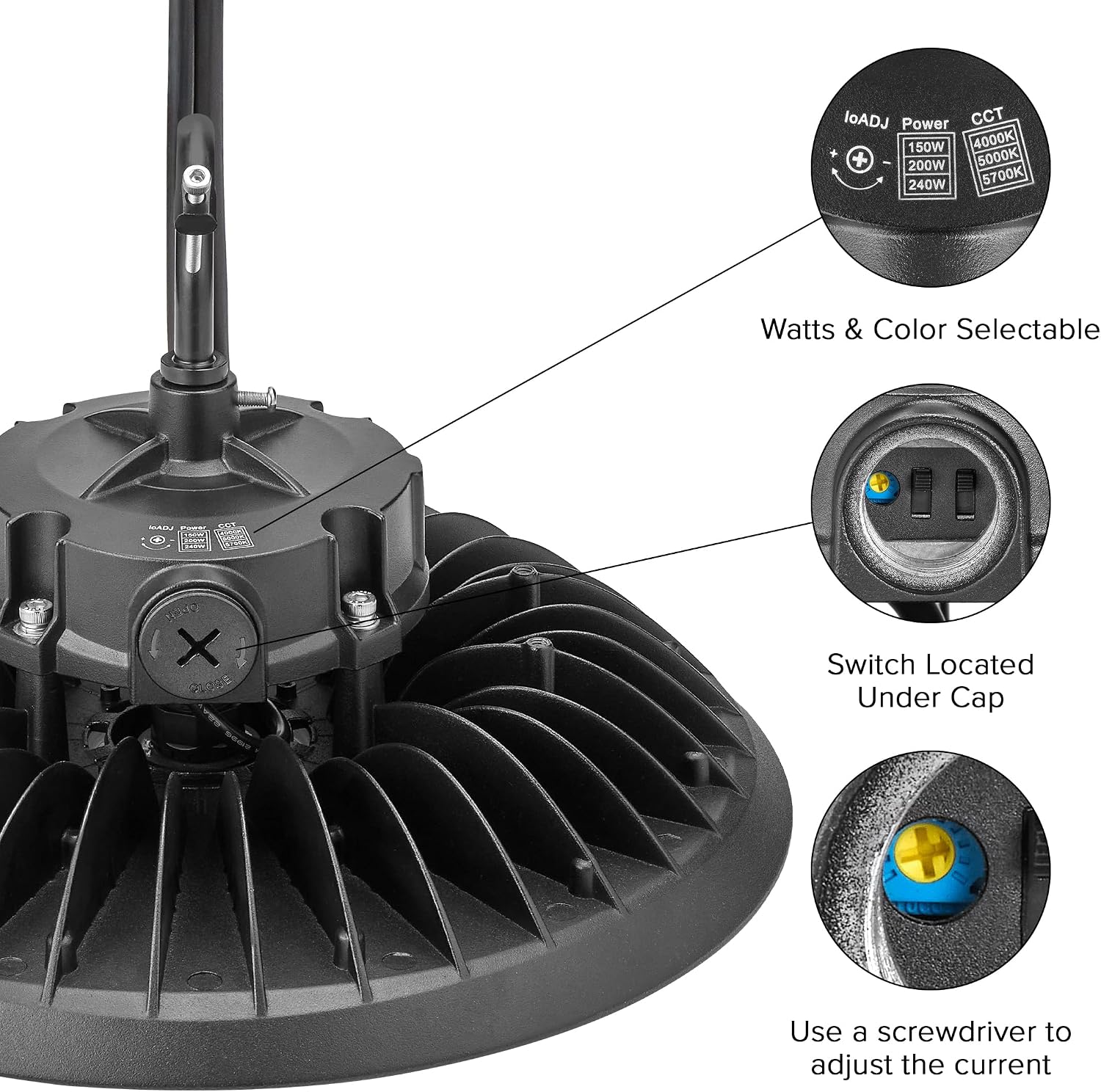 Maxxima 12 in. LED UFO High Bay Motion Sensor Light Fixture, 40,800 Lumens, 3 CCT 4000K/5000K/5700K, Selectable Wattage 150-240, Black Hardwired Warehouse Lights, Commercial Workshop, Garage, Factory