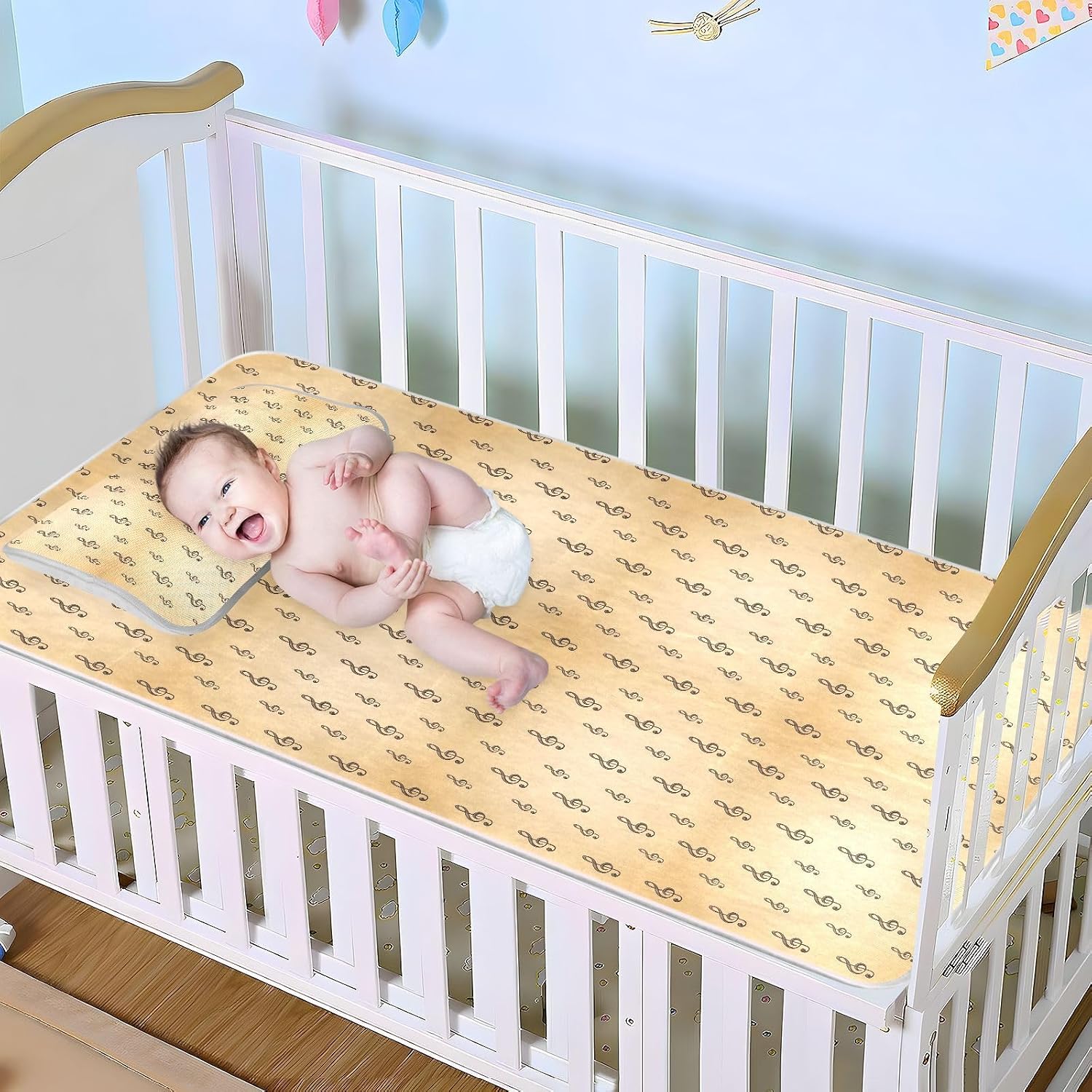 Baby Cooling Mat Musical Notes Ice Silk Breathable Mesh Summer Crib Mattress Pad with Pillowcase, Soft Cooling Sleeping Surface for Infant & Toddler, 52"x28"
