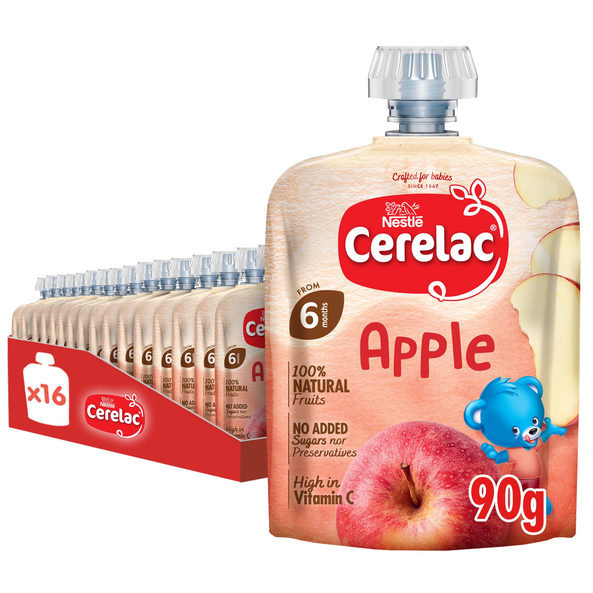 Apple, 100% Natural Fruits, No Added Sugar, From 6 Months, Puree Pouch 90g (16 Pouches)