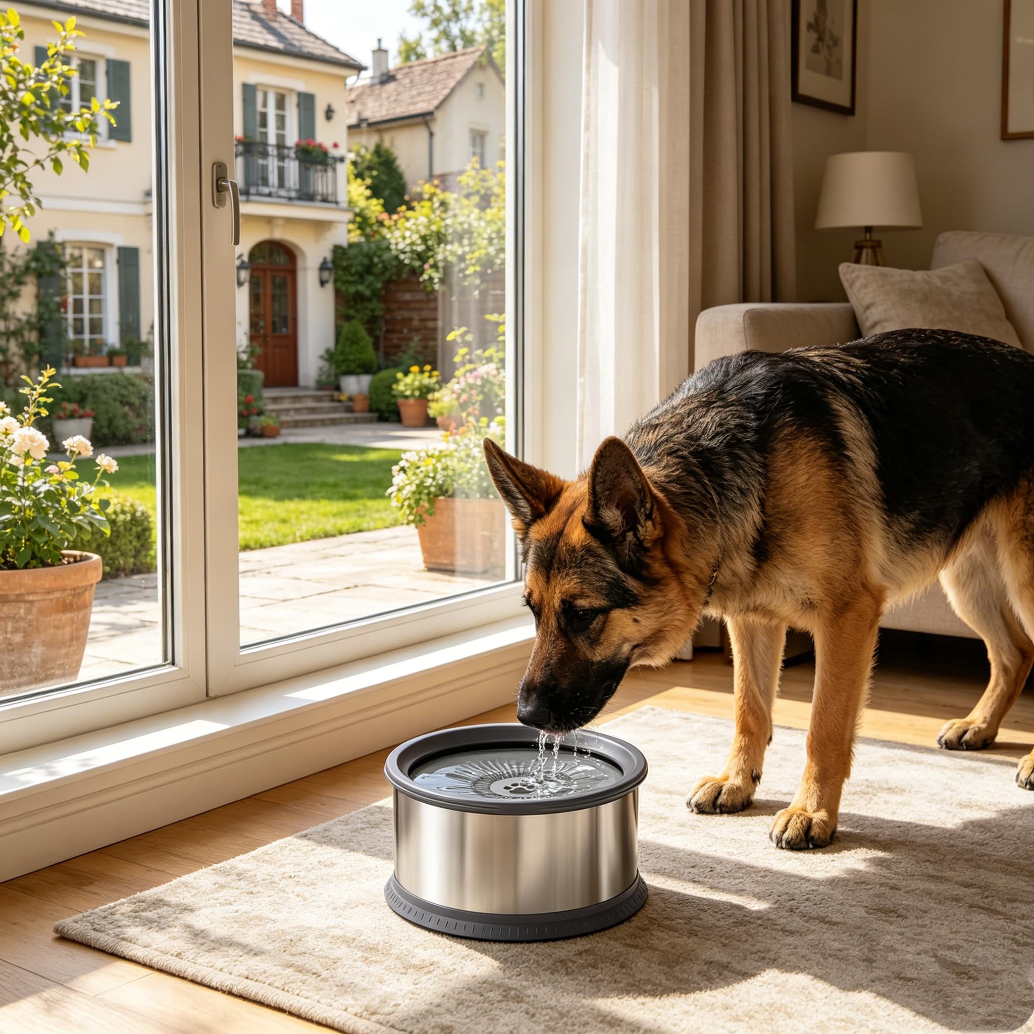 Gamelle d'eau pour Chien 6.5L sans Déversement, Gamelle Anti Éclaboussure en Acier Inoxydable, Bol Boire Lent Anti Goutte avec Base Antidérapante, pour Intérieur Extérieur Voiture Camping (Gris)