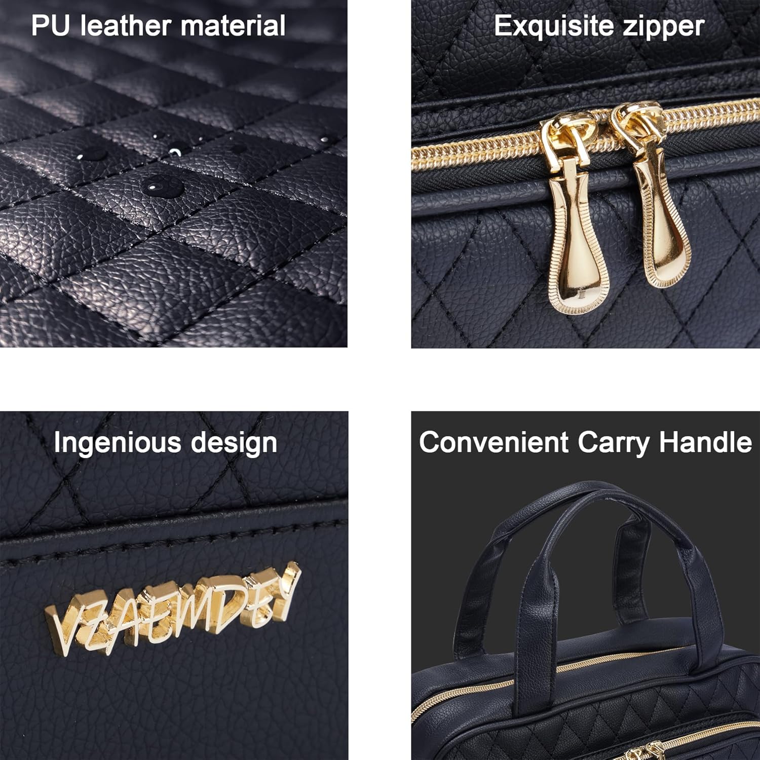 Travel Toiletry Bag For Women,PU Leather Water-resistant Makeup Bag Organizer With Hanging Hook,Cosmetic Bag For Accessories/Cosmetics/Toiletries (Black)