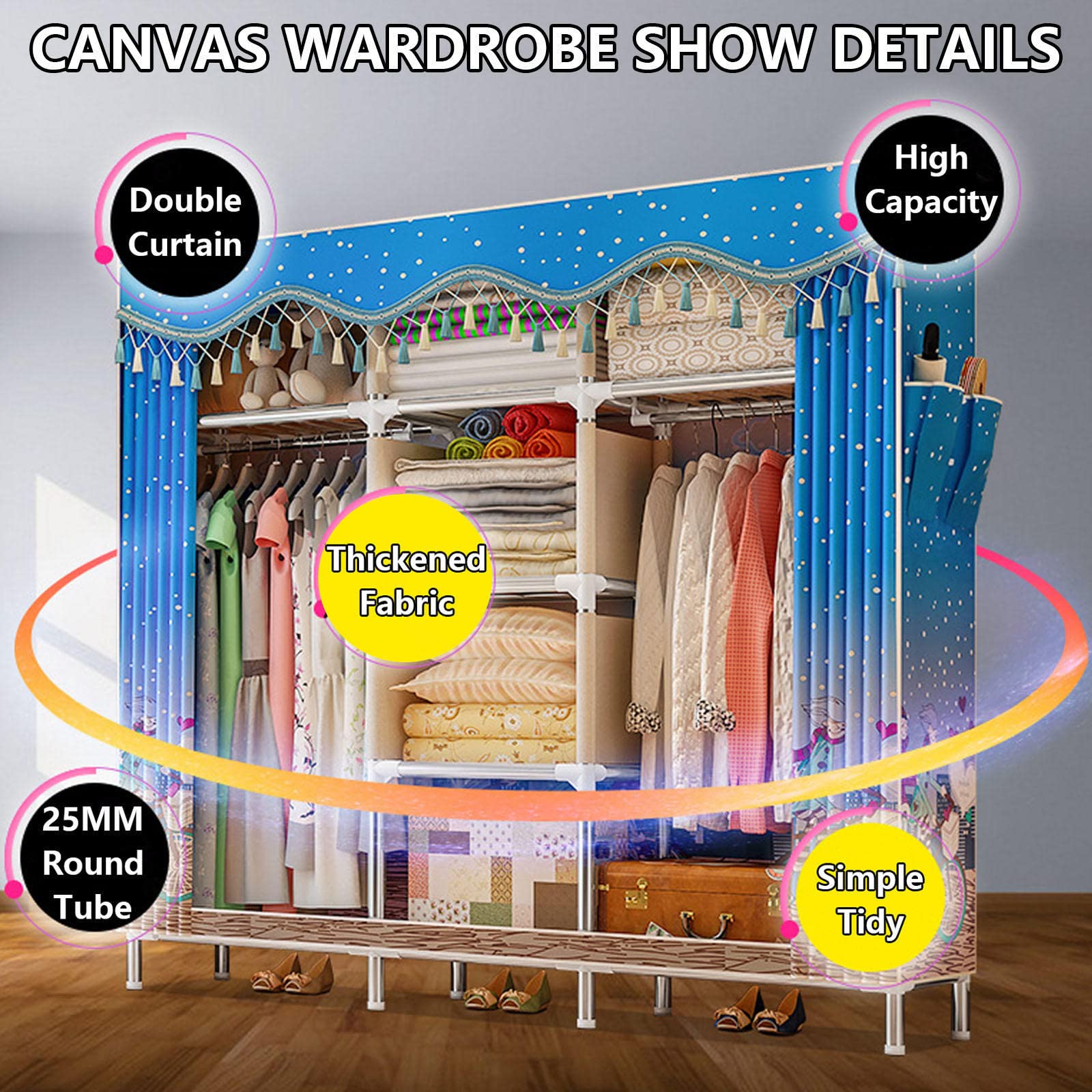 Kleiderschrank Tragbarer Kleiderschrank aus Segeltuch, Kleiderschrank-Aufbewahrungsorganisator mit Kleiderstange, Regalen, Seitentaschen, für Schlafzimmer, Wohnzimmer,E-84X46X172cm