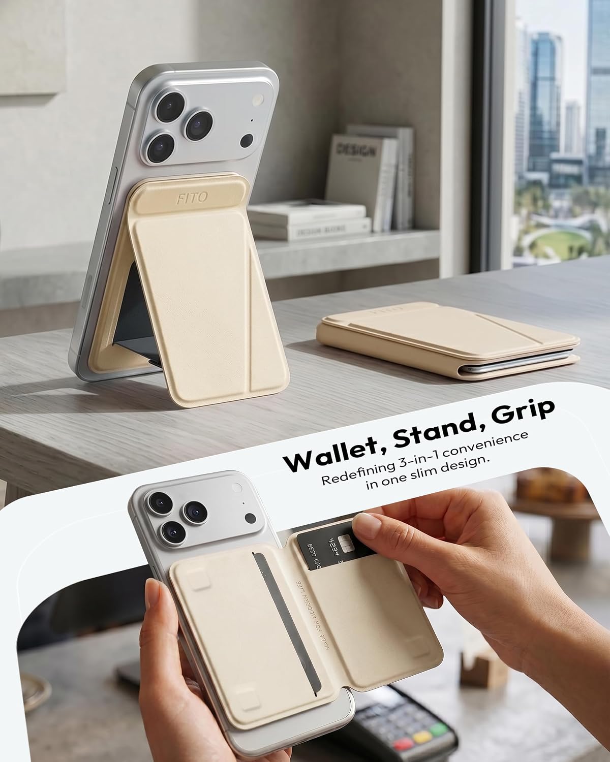 FITO for MagSafe Wallet Stand, 3 Card Holder, RFID Blocking, Magnetic Phone Wallet for iPhone 17e/17/16/15/14/13/12 (Not for 13/12 Mini) Cream Yellow image 2