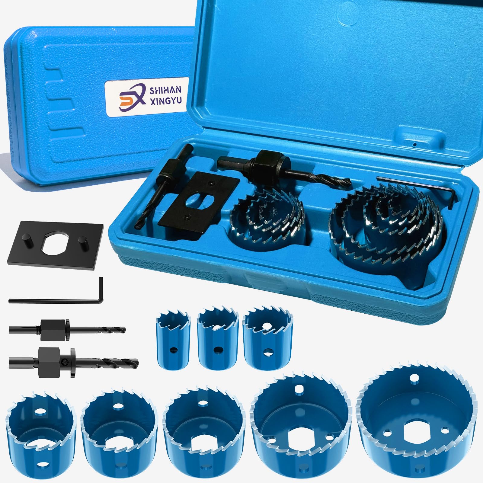 12-Piece Hole Saw Kit, Includes 8 Sizes (3/4" to 2-1/2"), Arbors, Drill Bits, and Hex Key, Ideal for Softwood, Plywood, and PVC（Blue）
