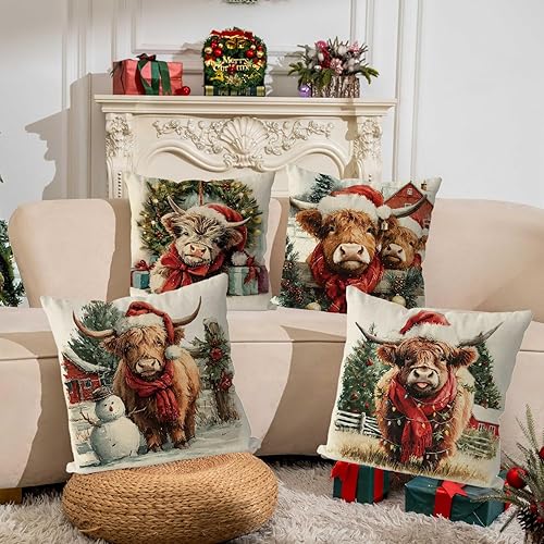 Miniatura 4 de Juego de 4 fundas de almohada de Navidad con diseño de vaca de las tierras altas, estilo campestre, vintage, para el hogar, sofá, sala de estar,