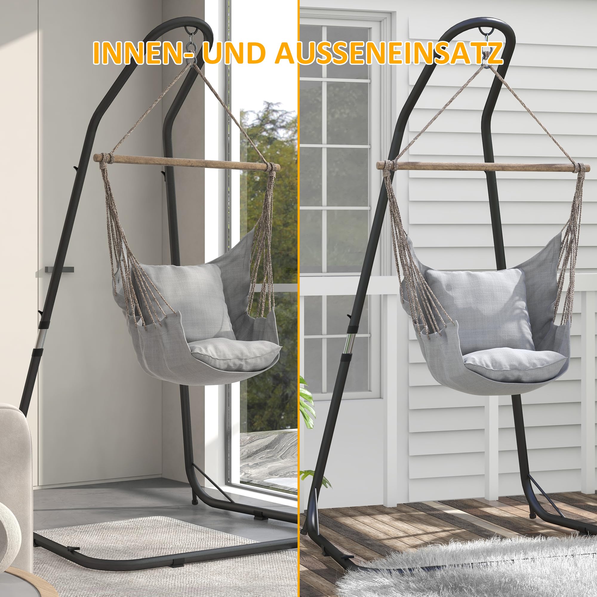 Outsunny Hängestuhlgestell Hängesesselgestell Höhenverstellbarer Ständer für Hängestuhl bis 150 kg Belastbar für Garten, Balkon, Metall, Schwarz, 133 x 116 x 195/230 cm