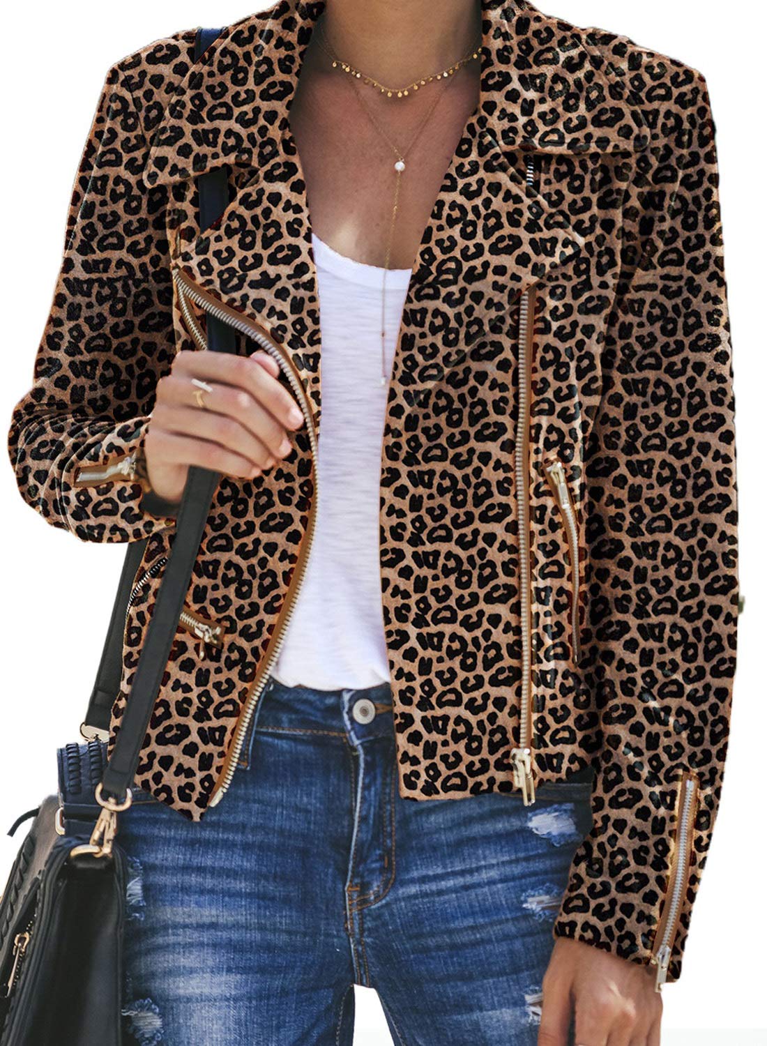 Blibea Women's Suede Motorcycle Jacket Zipper Slim Short Biker Warm Coats Large Leopard