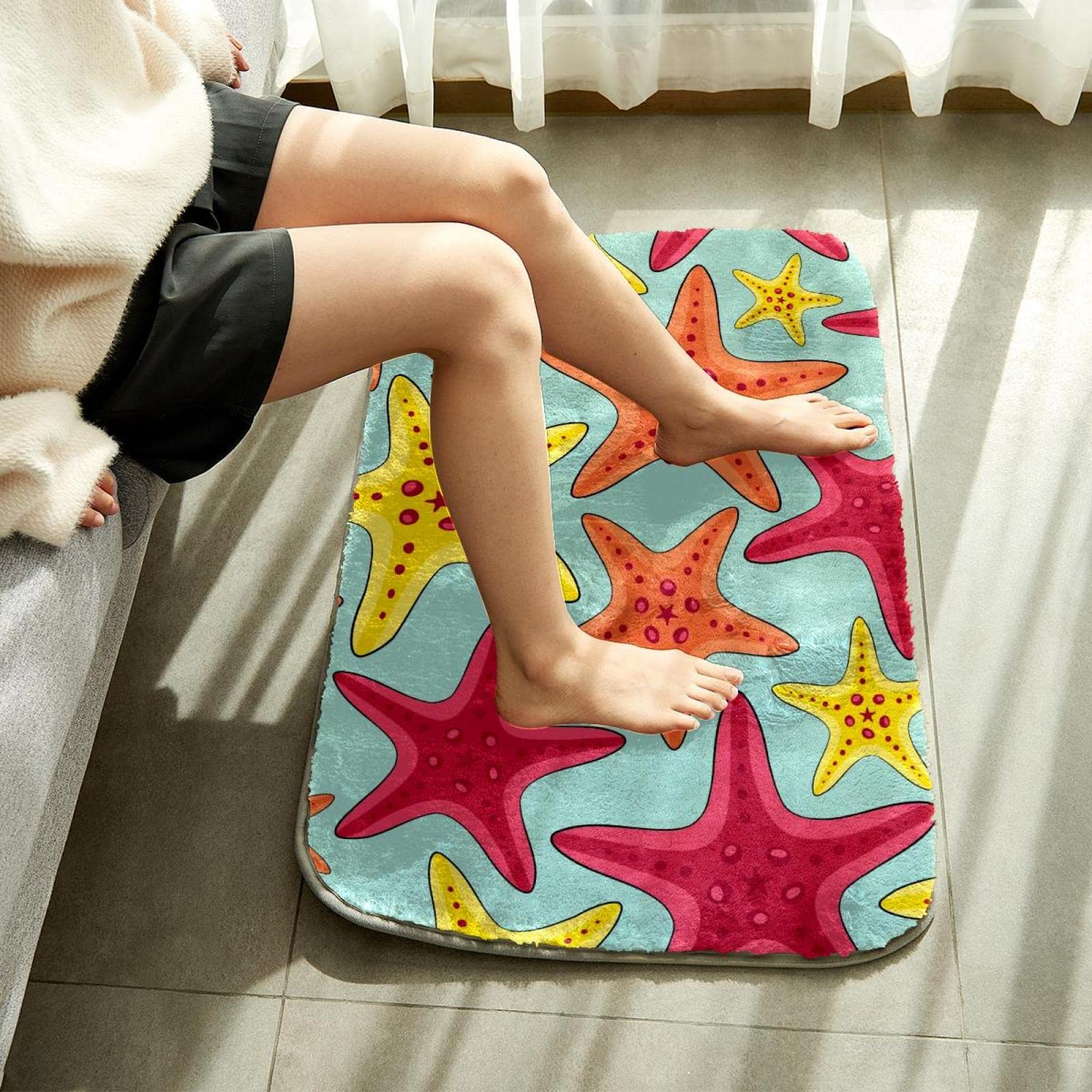 Fluffy Area Shag Teppich Ultra Weich für Schlafzimmer Meeresleben Rosa Gelb Orange Seestern