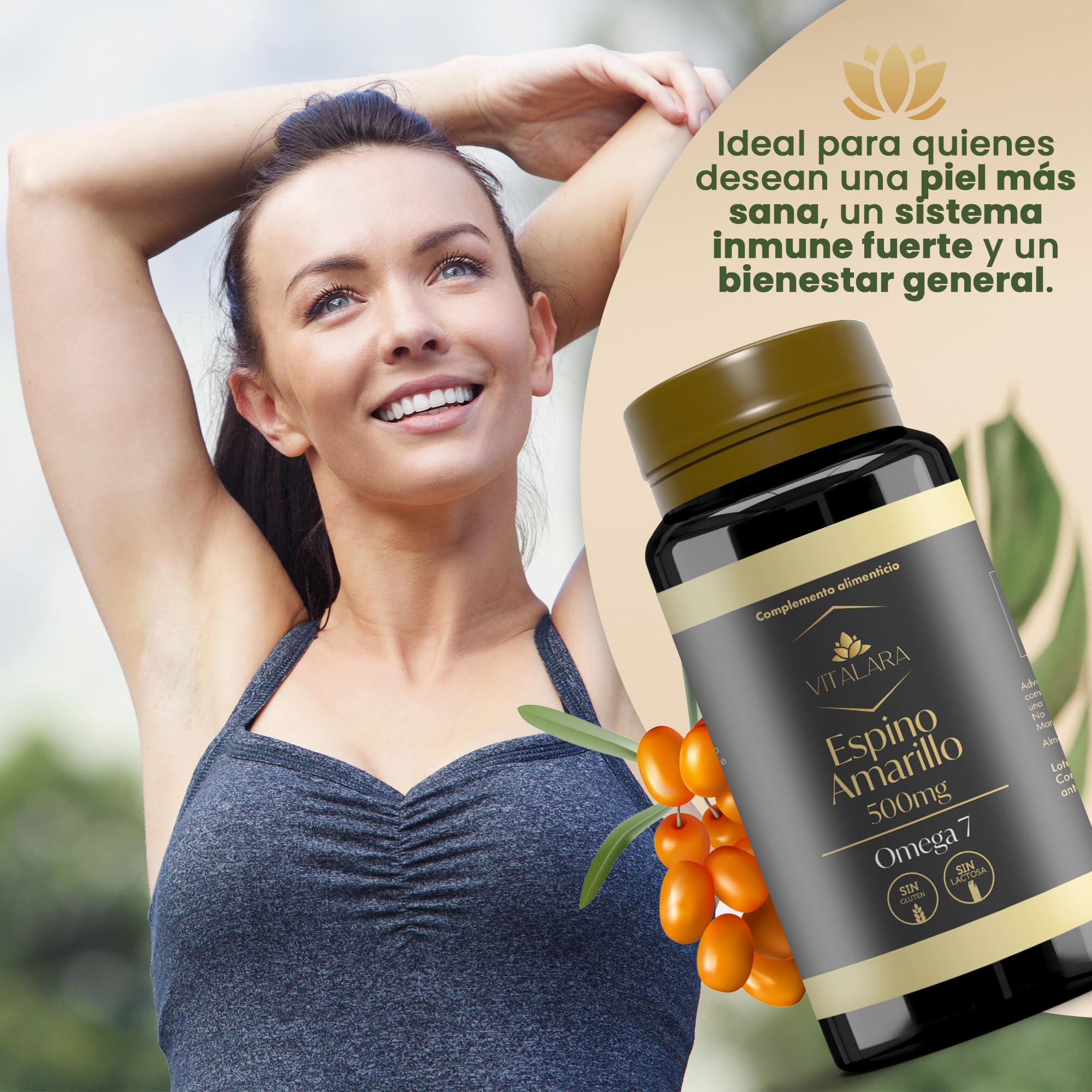 Omega 7 Espino Amarillo para Piel, Mucosas y Sistema Inmune | Aceite Espino Amarillo 500mg | 110 Antioxidantes Capsulas – Sin Gluten y Sin Lactosa | Fabricado en España