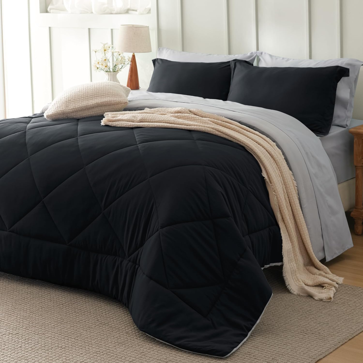 Bedsure Queen Comforter Set - 7 Pieces Reversible Black Bedding, Queen Size Bed Set for All Seasons, Bed in a Bag with Down Alternative Comforter, Sheets, Pillowcases & Shams Queen 02 - Black