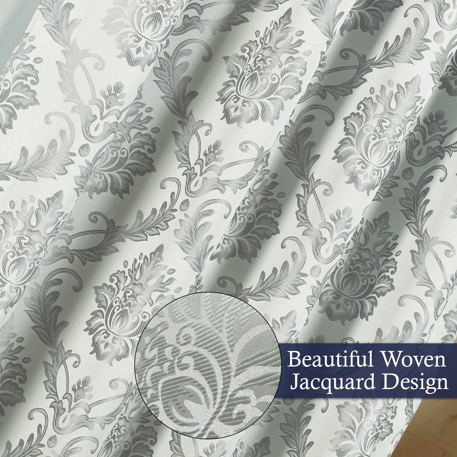 Rideaux de fenêtre jacquard pour salon et chambre à coucher – 137 x 213 cm (l x L) – Ensemble de 2 panneaux avec cantonnière attachée, dos et 2 embrasses, motif fantaisie (gris argenté)