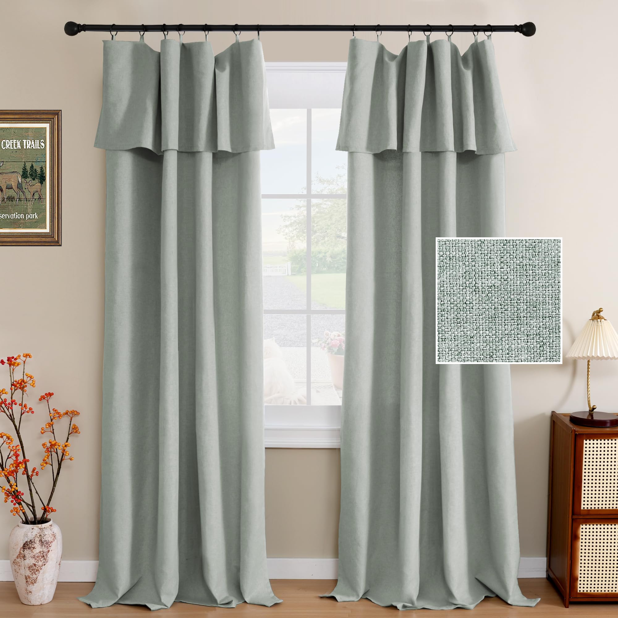 H.VERSAILTEX Linen Curtains with Valance 84 Inch Long 2 Panels Farmhouse Boho Privacy Window Curtains for Living Room Bedroom Ring/Rod Pocket Privacy