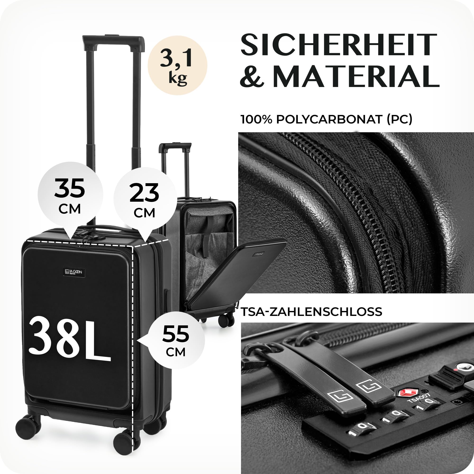 LA GOON Handgepäck Koffer - 100% PC (Polycarbonat) - Laptopfach - Fronttasche - Business - Rollkoffer Handgepäck [TSA Zahlenschloss] Carry-Ons, Trolley
