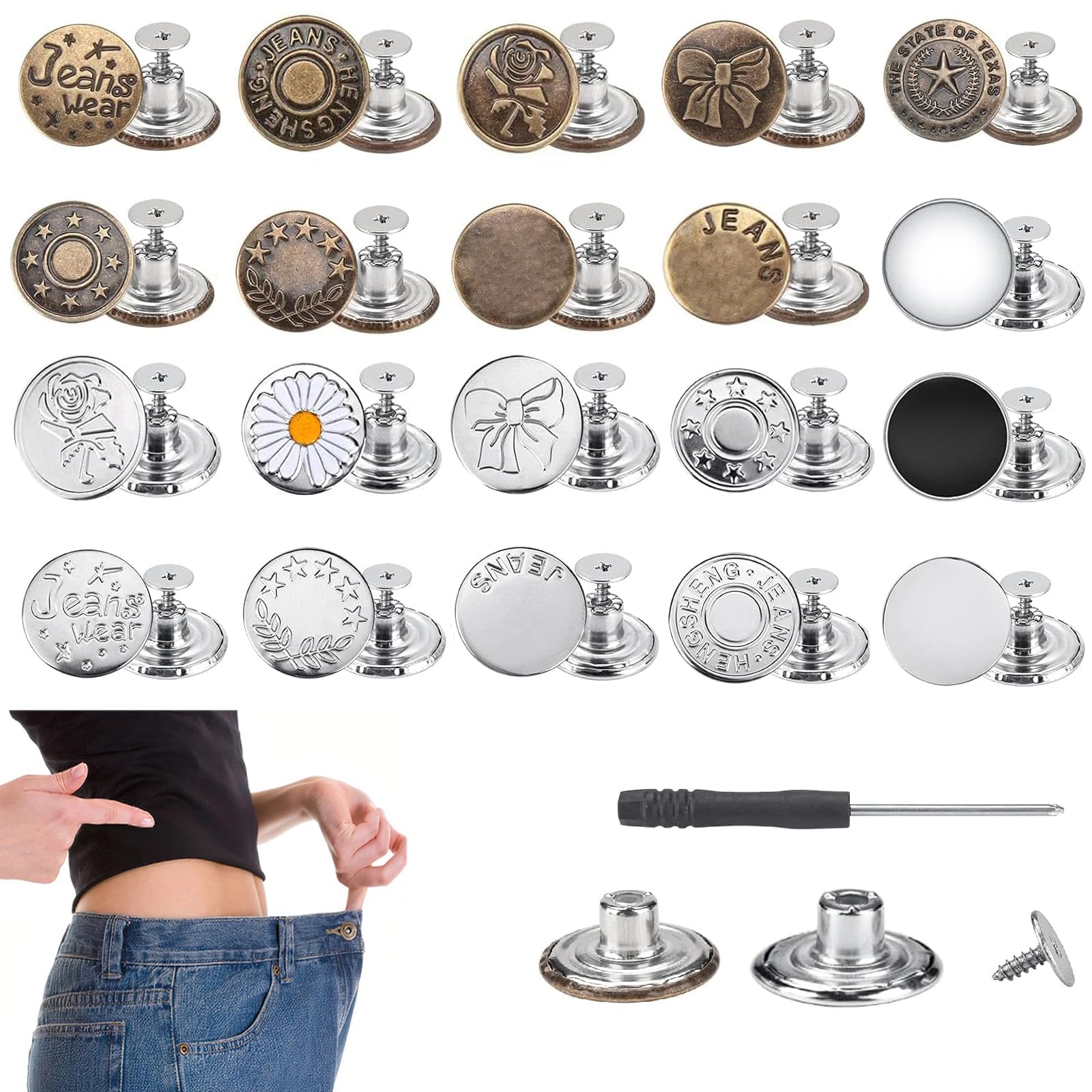 20 Pcs Jeans Button Replacement, No Sew and No Tools Instant Replacement Snap Tack Pant Button, Reusable and Adjustable Metal Pants Button Tightener