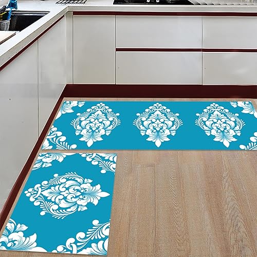 Miniatura 2 de Kitchen Rug Mats Set of 2 Piece Luxurious Floral Blue Non Slip Cushioned Rug Abstract Flower Anti-Fatigue Washable Comfort Floor Mat Carpets Home