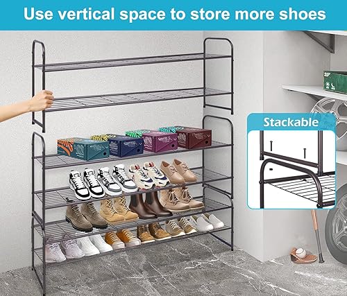 Miniatura 47 de KEETDY Organizador de zapatos largo de 4 niveles para el suelo del armario, zapatero ancho para armario, zapatero apilable para entrada, estante