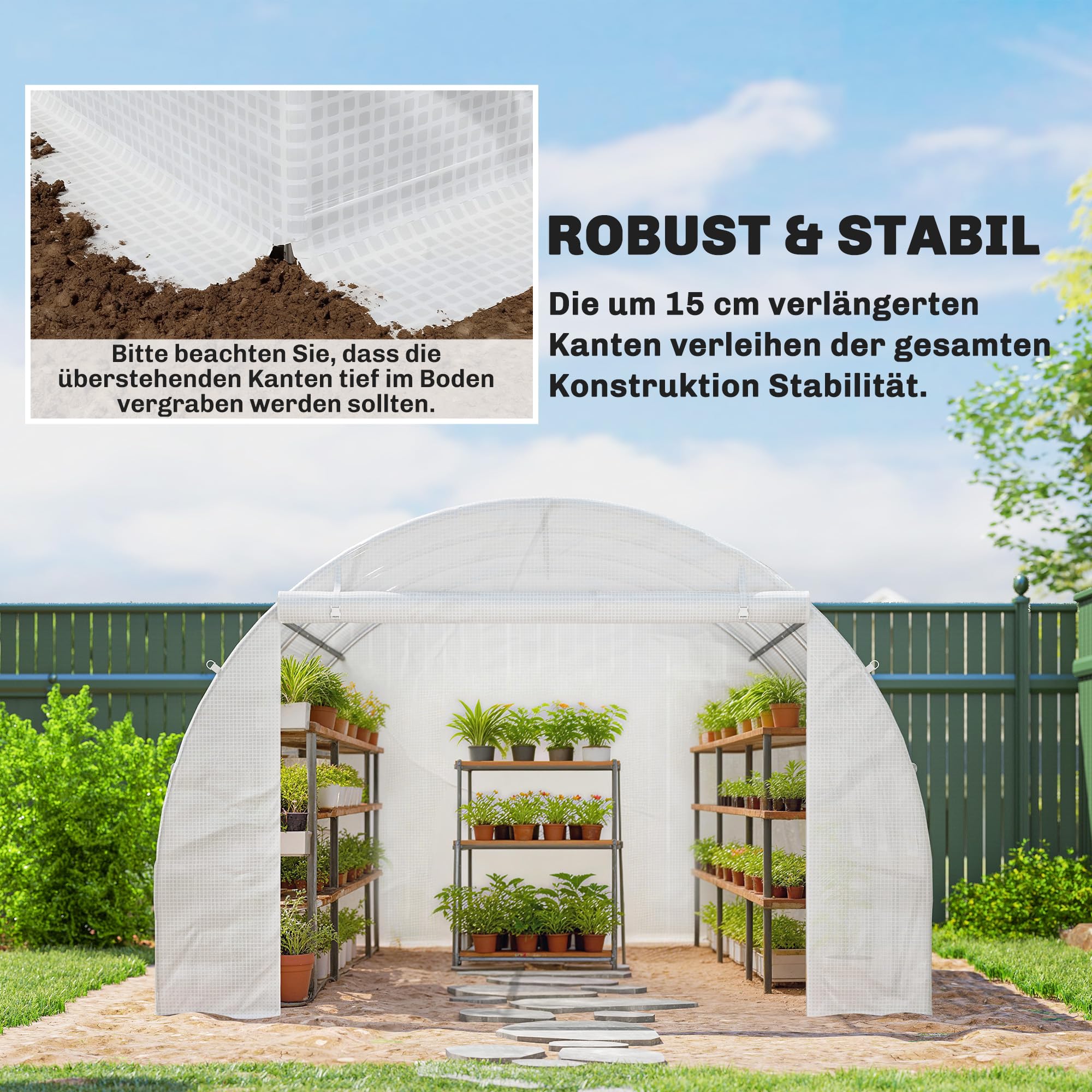 Outsunny Film de serre 3 x 3 m en polyéthylène imperméable avec porte enroulable, 6 fenêtres, protection UV, indéchirable, bâche de protection pour tunnel de jardinage, film tunnel pour extérieur