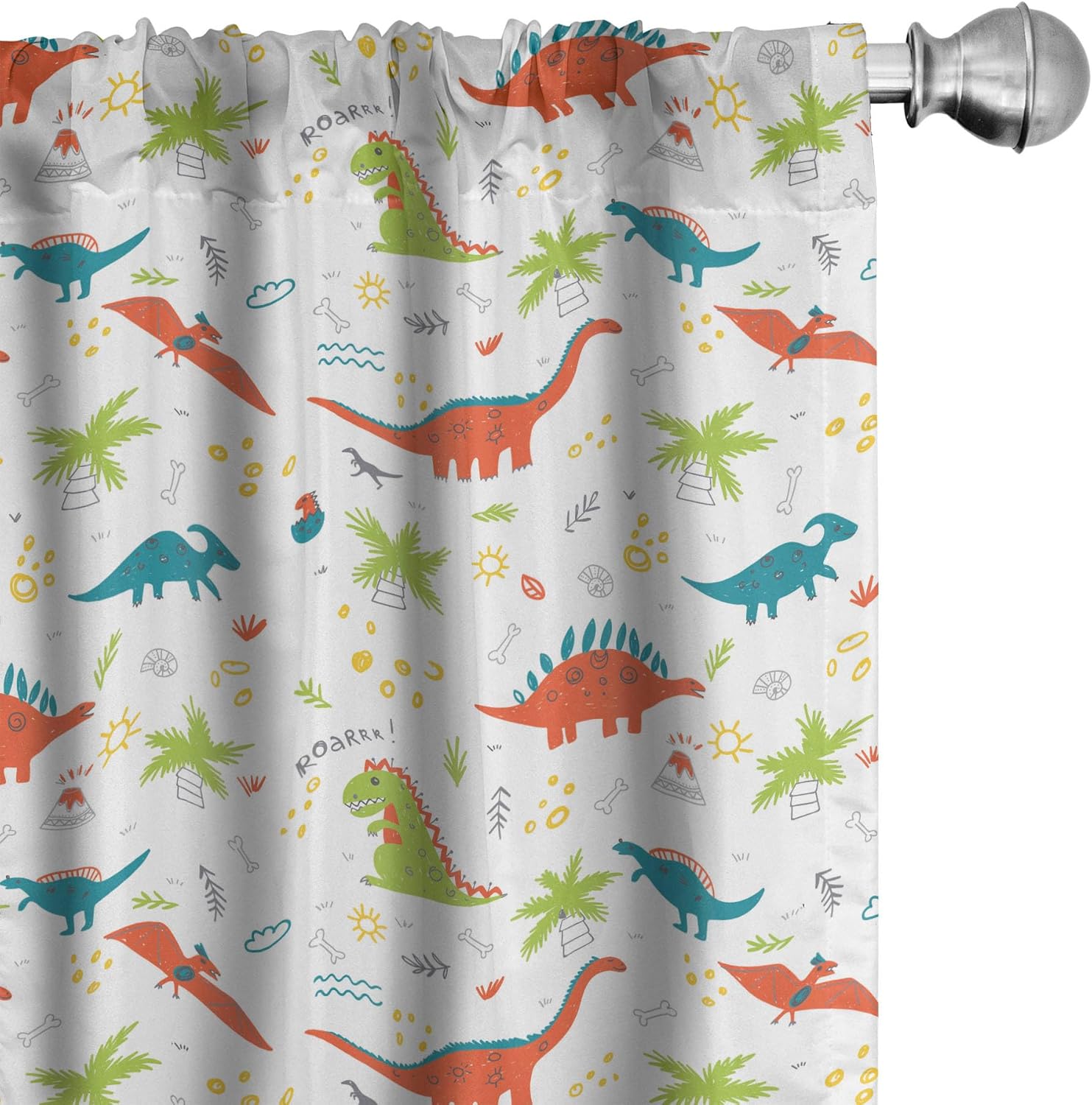 Ambesonne Cartoon Curtains, Prehistoric Nature Doodle with Dinosaurs Volcano Palm Trees Hand Drawn Wildlife, Window Treatments 2 Panel Set for Living Room Bedroom, Pair of - 28" x 95", Green White