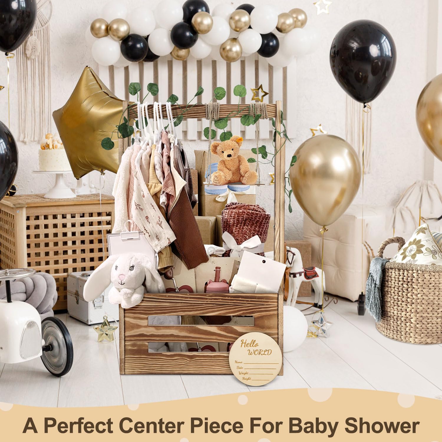 Armario de madera para baby shower, cesta de baby shower con estante de 33.5 pulgadas de alto y columpio, caja de bienvenida para bebé con asa, caja de almacenamiento de fácil montaje para embarazo