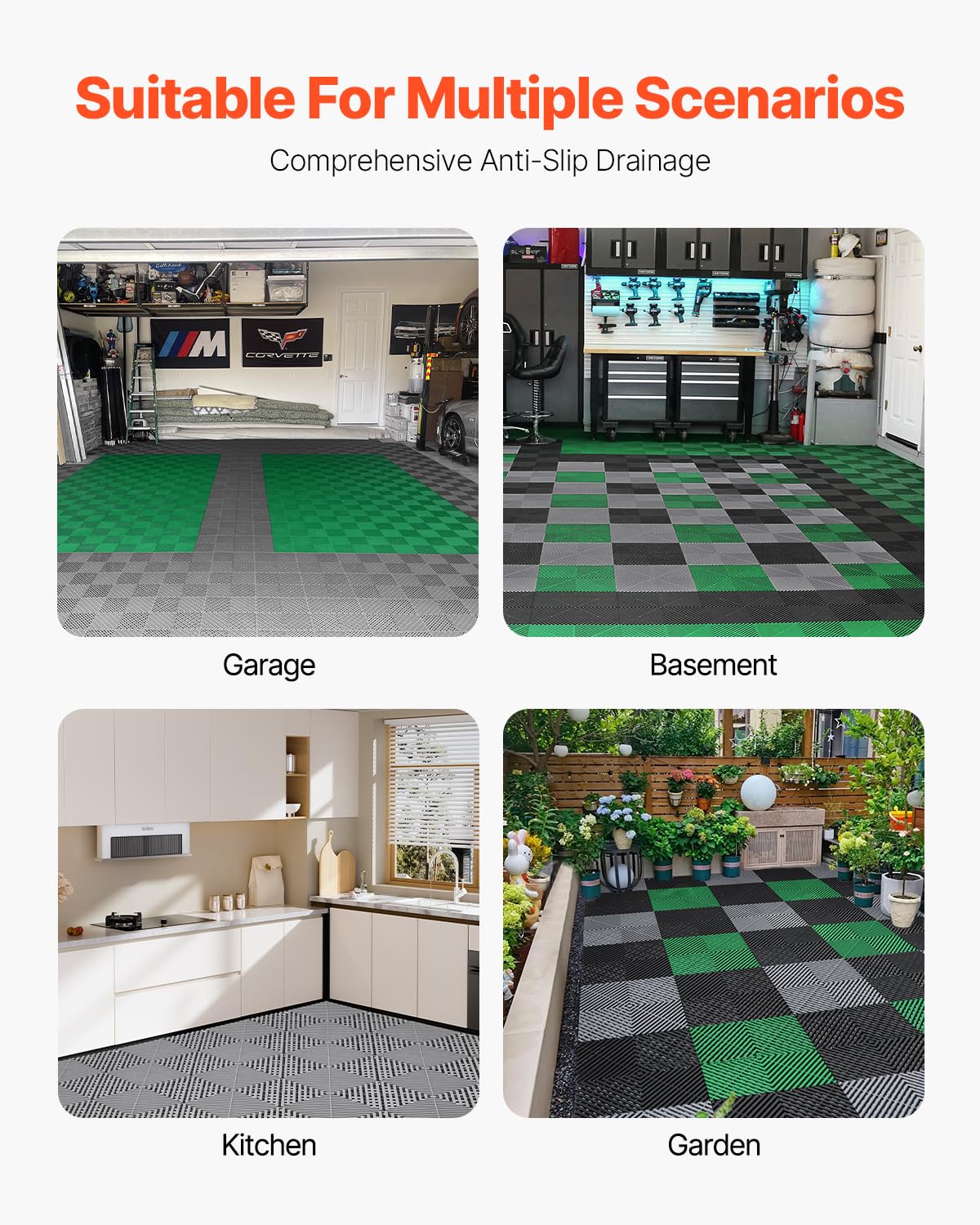 Condition photo showing New/Like New for (2)vevor interlocking drainage mat, 12'' x 12'' modular interlocking cushion, 24 pcs splicing drainage mats, non-slip pp drainage floor tile and shower mat, for garage, garden, kitchen & outdoor, gray