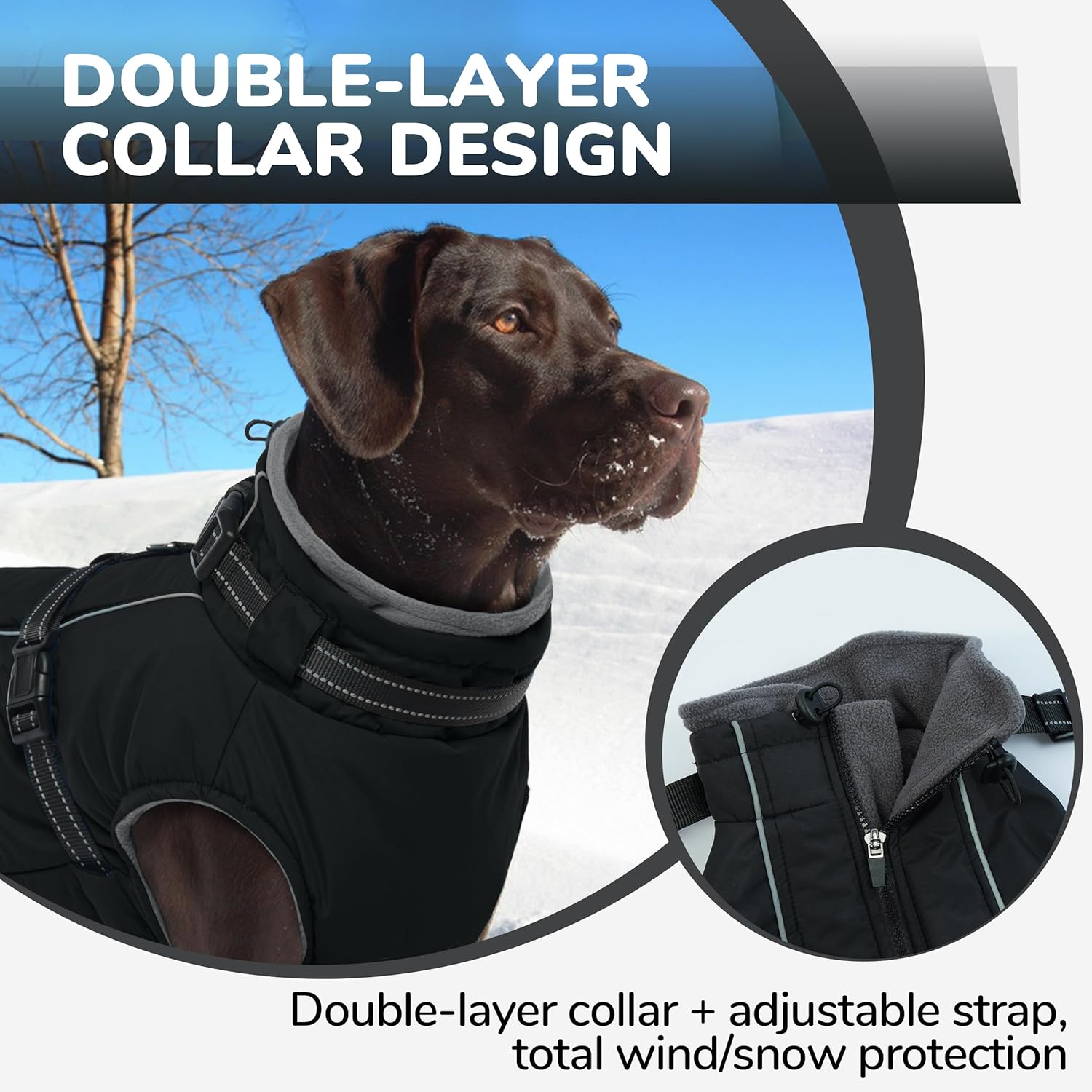 PUMYPOREITY Snow Jacket for Large Dogs Waterproof, Warm Dog Winter Coat with Harness Built in, Fleece Jacket with Back Zipper, Cold Weather Coats for Outdoor, Windproof Pet Snowsuit, Black, 2XL - Image 5