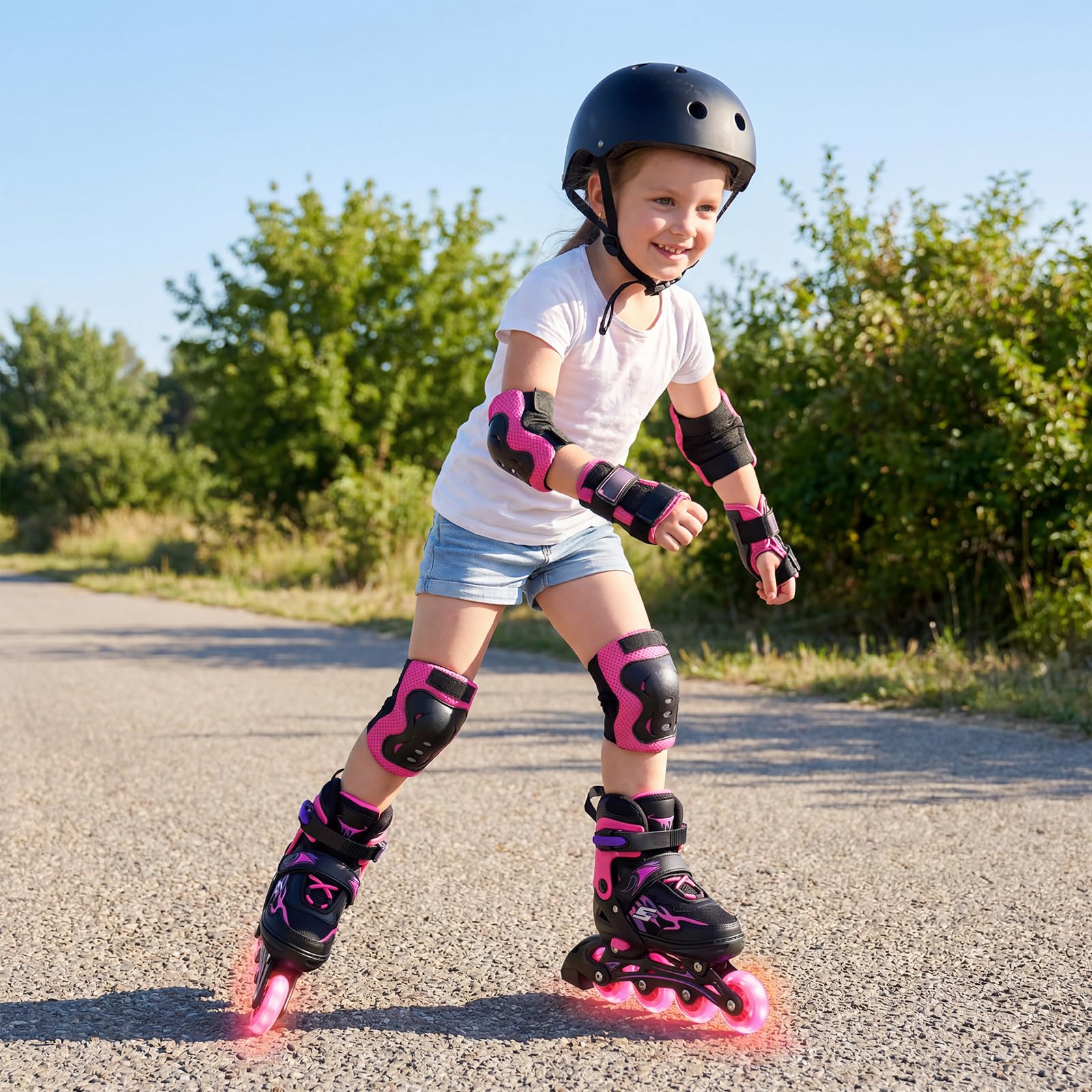 COSTWAY Pattini in Linea a 4 Ruote per Bambini Regolabili 4 Taglie con Luci e Protezione 5-14 Anni