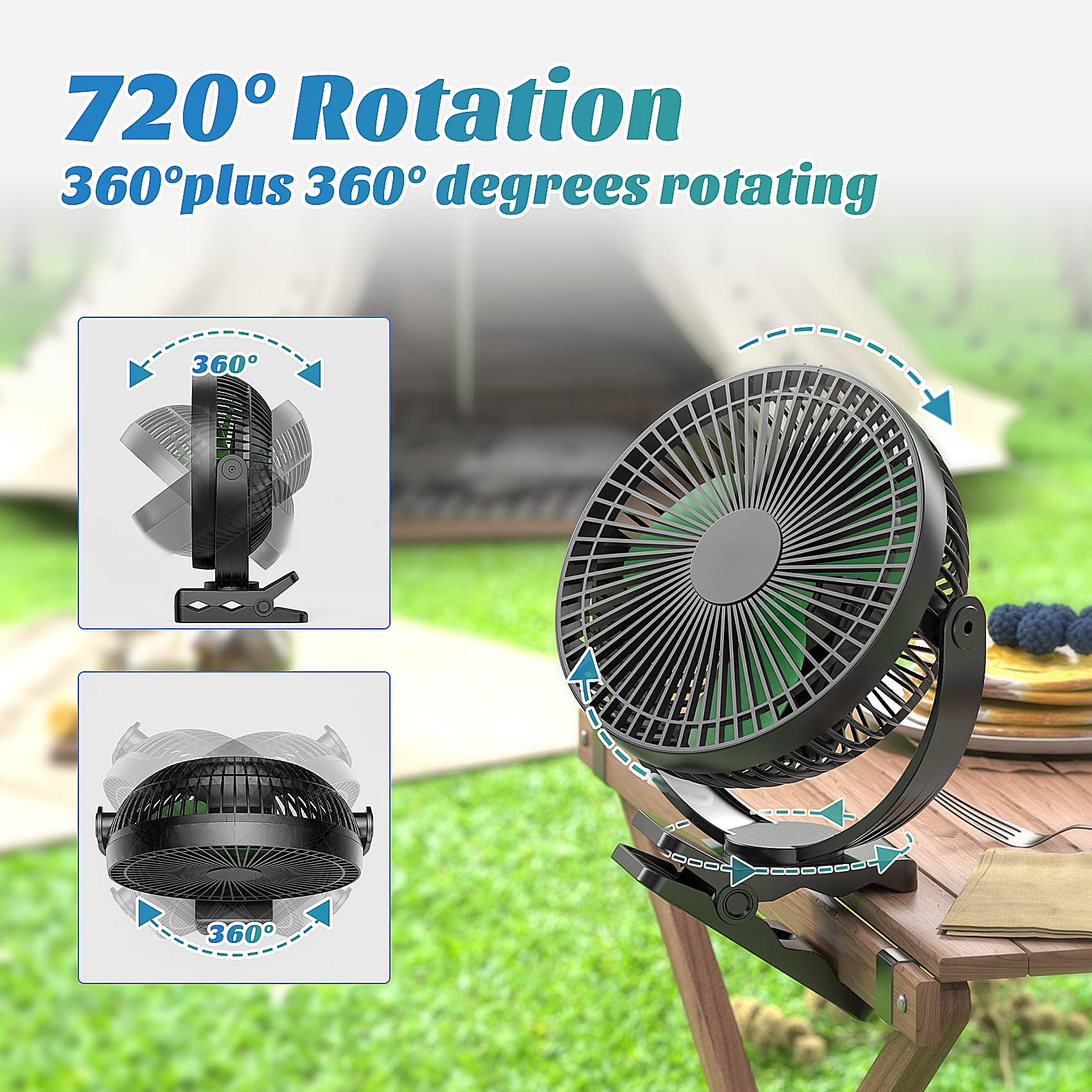 ATEngeus USB Desk Fan, 10000mAh Fan, 4 Speed Table Fan, 8 Camping Fan, 180°Rotation, LED Light, Timer, Portable Fan for Camping, Travel